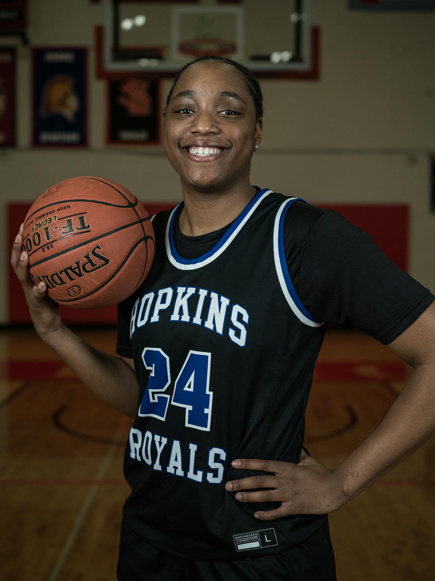 Nunu Agara of Hopkins(24) is part of the All-Metro girls basketball team in St. Louis Park, Minn., on {wdat). This is for the girls basketball All-Metro team and Metro Player of the Year. ] RICHARD TSONG-TAATARII • richard.tsong-taatarii @startribune.com