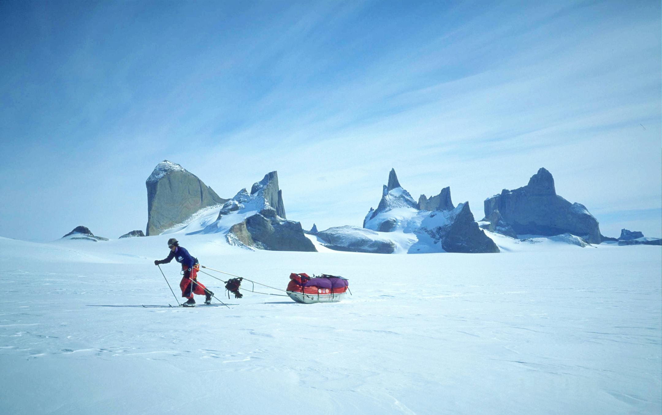 Ann Bancroft skis and pulls her 250-pound sled before reaching the South Pole in this December 2000, photo. Norwegian explorer Liv Arnesen and Bancroft in 2001 became the first women to ski across Antarctica. (AP Photo/Your Expedition.com, Liv Arnesen) ORG XMIT: MIN2013070818075906 ORG XMIT: MIN1307082012093009 ORG XMIT: MIN1403191115380546