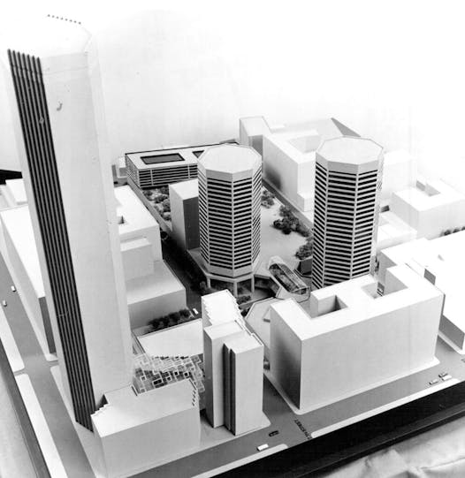 A model of the downtown City Center project shows highlights of the plan. City Center encompasses two blocks bounded by Sixth and Seventh Streets and Hennepin and Marquette Avenues.