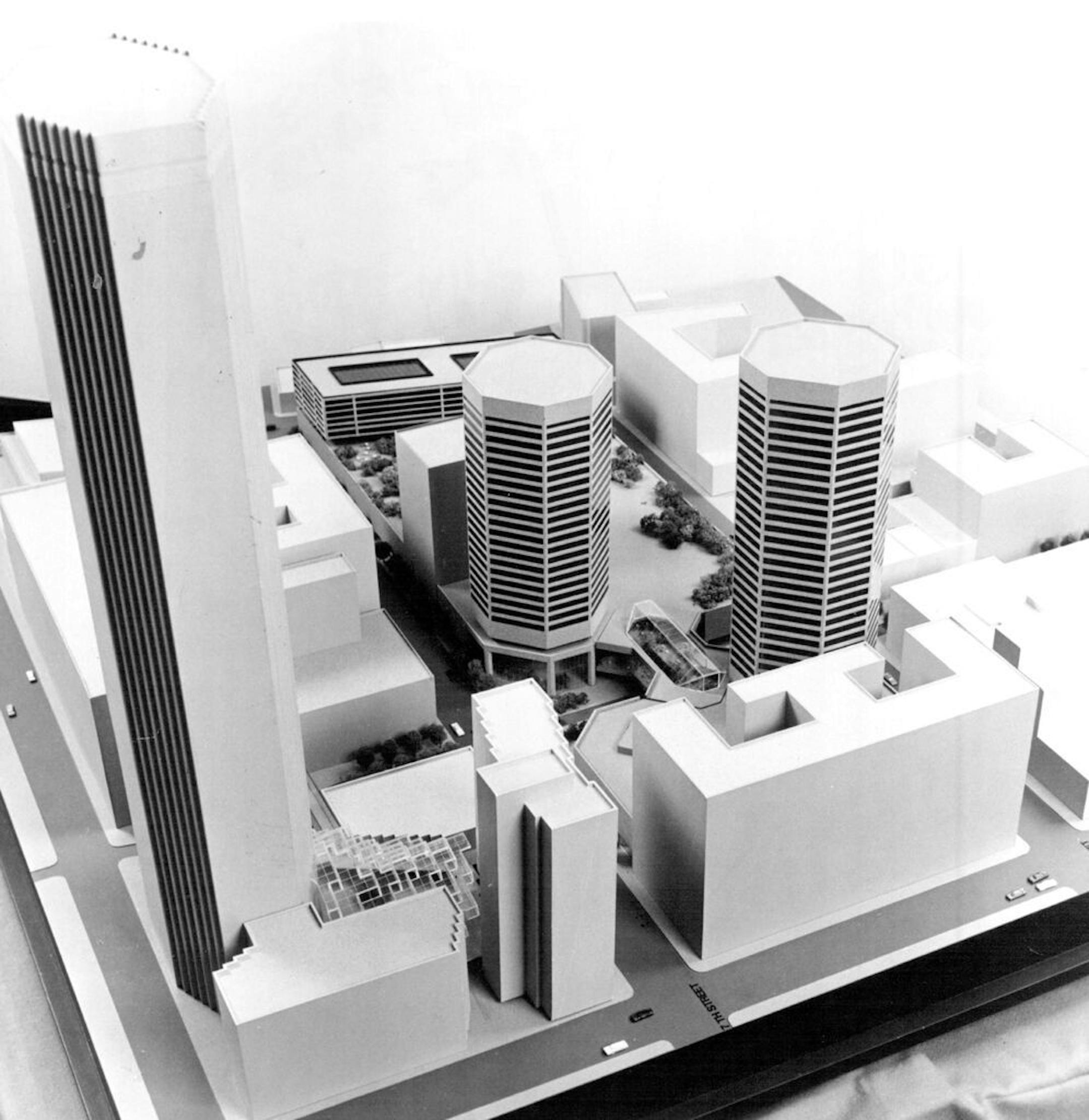 July 28, 1973 A model of the downtown City Center project shows highlights of the plan. City Center encompasses two blocks bounded by Sixth and Seventh Streets and Hennepin and Marquette Avenues. The multi-use project incorporates approximately 500,000 square feet of retail space, including a new Donaldson's department store across Nicollet Mall from the present store; 800,000 square feet of office space in two towers; and a parking ramp for 850 cars. Northwestern National Bank of Minneapolis, f
