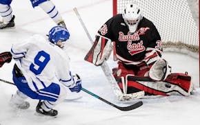 Duluth East goalie Brody Rabold (39) blocked a shot by St. Thomas Academy's Nico Vega (9) in the second period during the Minnesota High School League