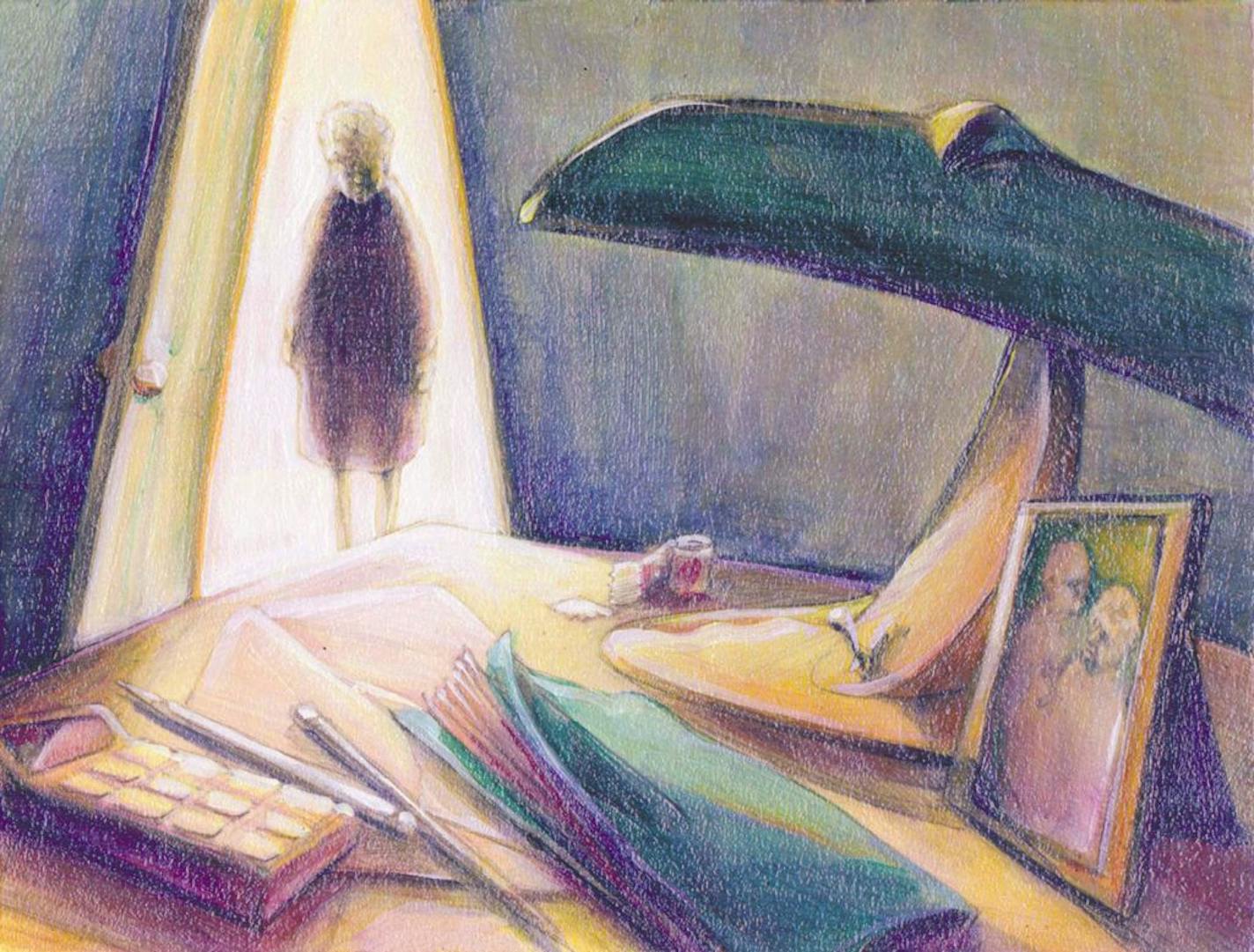 300 dpi 3 col. x 5 inches/164x127 mm/558x432 pixels James Forrest color illustration of elderly woman appearing in light of doorway, in front of her is a table with bills, checkbook, calculator, stamps, framed photo and lamp. The Dallas Morning News 2000 With WOMENALONE, The Dallas Morning News by Pamela Yip