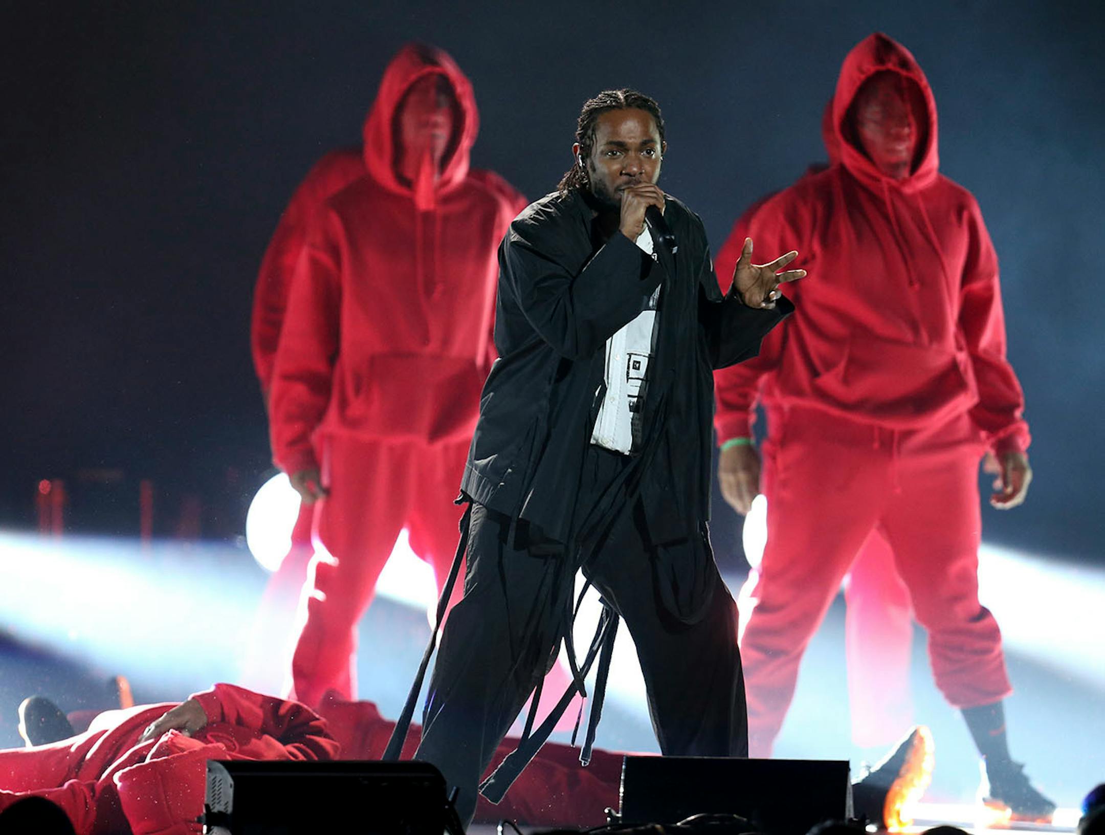Kendrick Lamar, center, performs at the 60th annual Grammy Awards at Madison Square Garden on Sunday, Jan. 28, 2018, in New York.