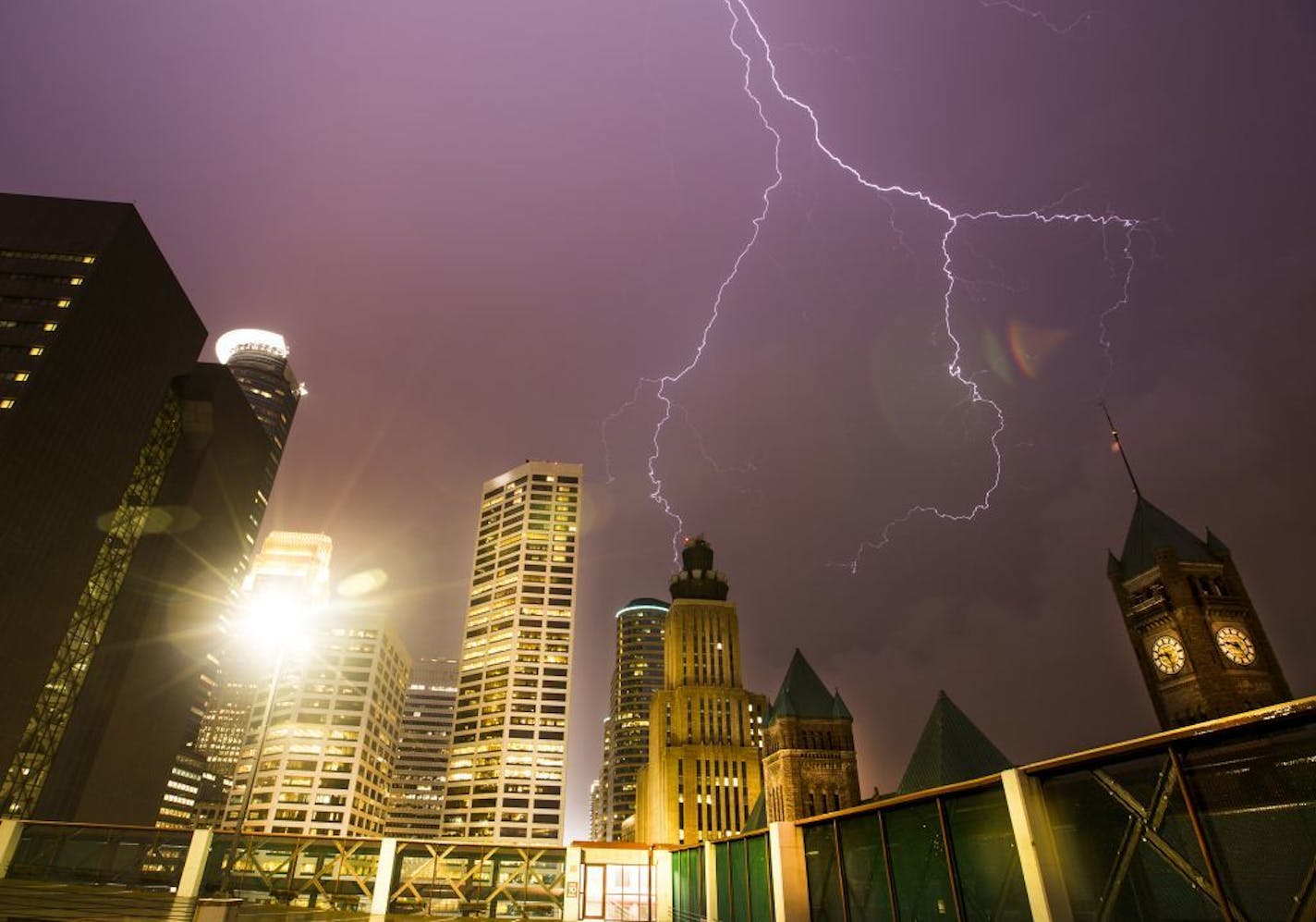 Lightning flashed over downtown Minneapolis during one of the thunderstorms that hit the Twin Cities on Wednesday night, dropping as much as 6 inches of rain in some areas.