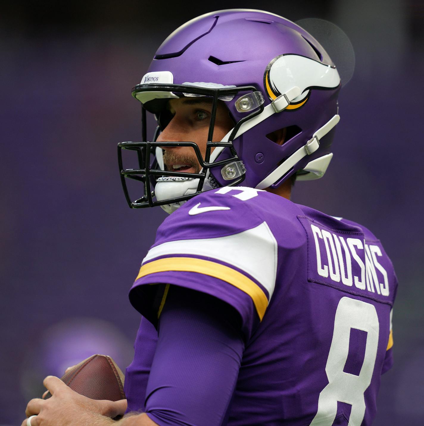 Minnesota Vikings quarterback Kirk Cousins (8) warmed up ahead of Saturday's game. ] ANTHONY SOUFFLE &#x2022; anthony.souffle@startribune.com The Minnesota Vikings played the Arizona Cardinals in an NFL Preseason game Saturday, Aug. 24, 2019 at U.S. Bank Stadium in Minneapolis.