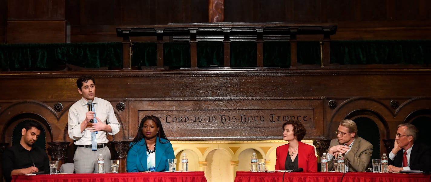 Mayoral candidate Jacob Frey, center left, introduced himself at the start of Wednesday night's mayoral forum. Next to Frey were fellow candidates Aswar Rahman, left, and Nekima Levy-Pounds. Sitting on the table to the right are incumbent mayor Betsy Hodges, and candidates State Rep. Raymond Dehn, center, and Tom Hoch. ] AARON LAVINSKY &#xef; aaron.lavinsky@startribune.com The first forum of the 2017 mayoral election was held Wednesday, March 8, 2017 at Calvary Baptist Church in Minneapolis, Min