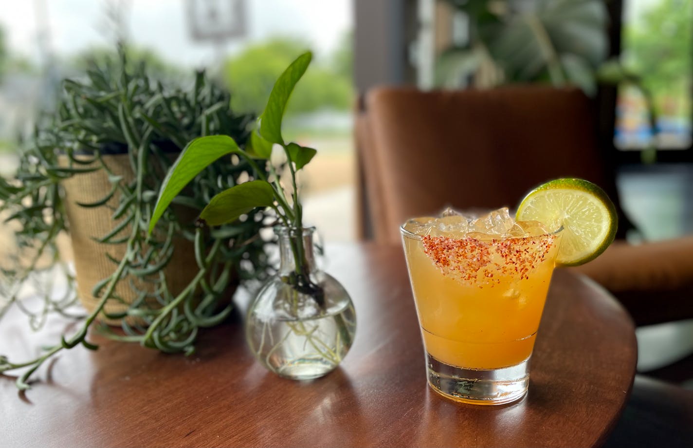 A lowball glass holds a lightly orange cocktail with a red salt rim on one side. The glass is on a low wood table next to green plants. A lounge chair is visible in the background in front of an open garage door wall.