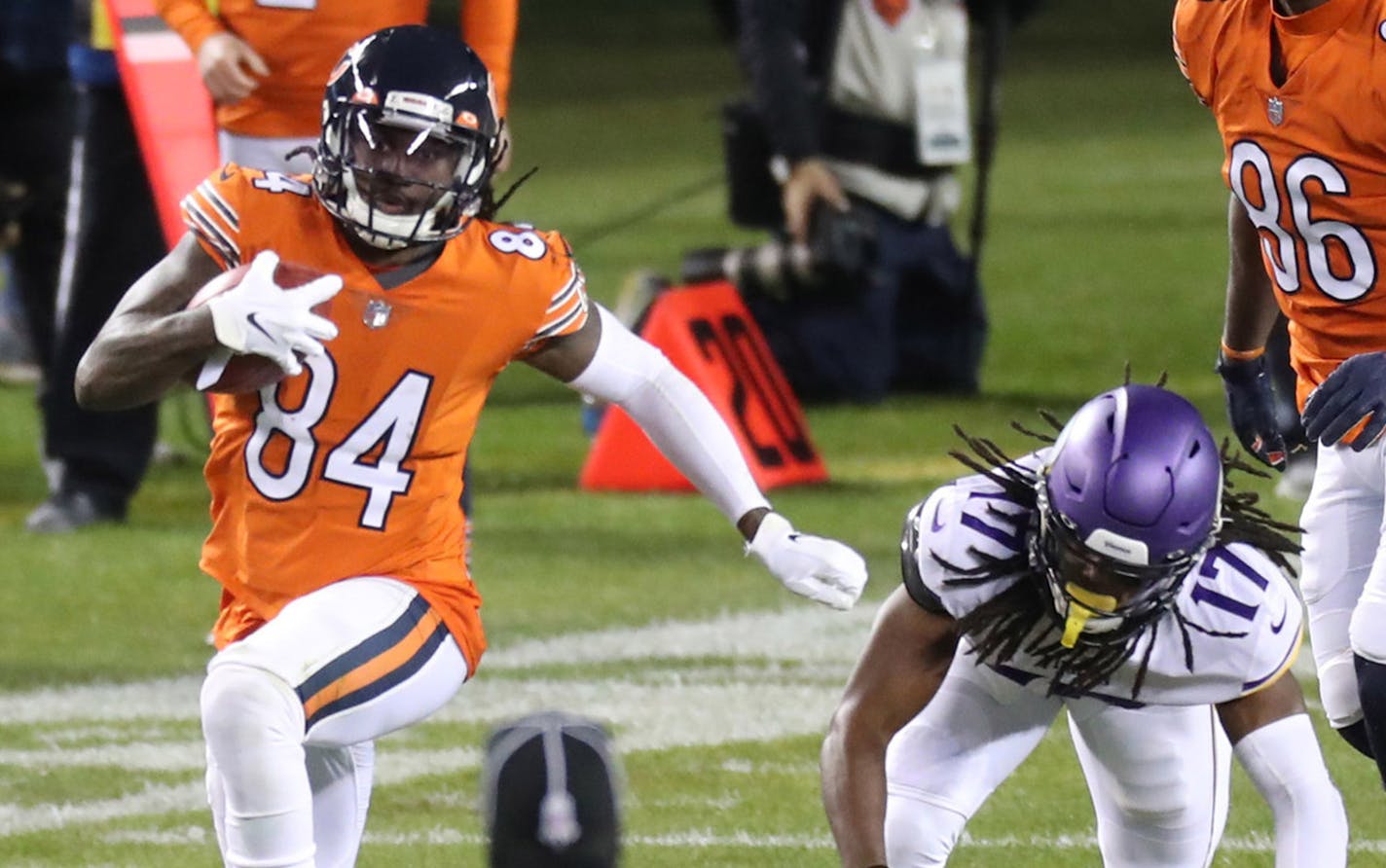 Chicago Bears returner Cordarrelle Patterson (84) returns a kickoff 104 yards for a touchdown to open the third quarter against the Minnesota Vikings on Monday, Nov. 16, 2020 at Soldier Field in Chicago. (Brian Cassella/Chicago Tribune/TNS) ORG XMIT: 1834267