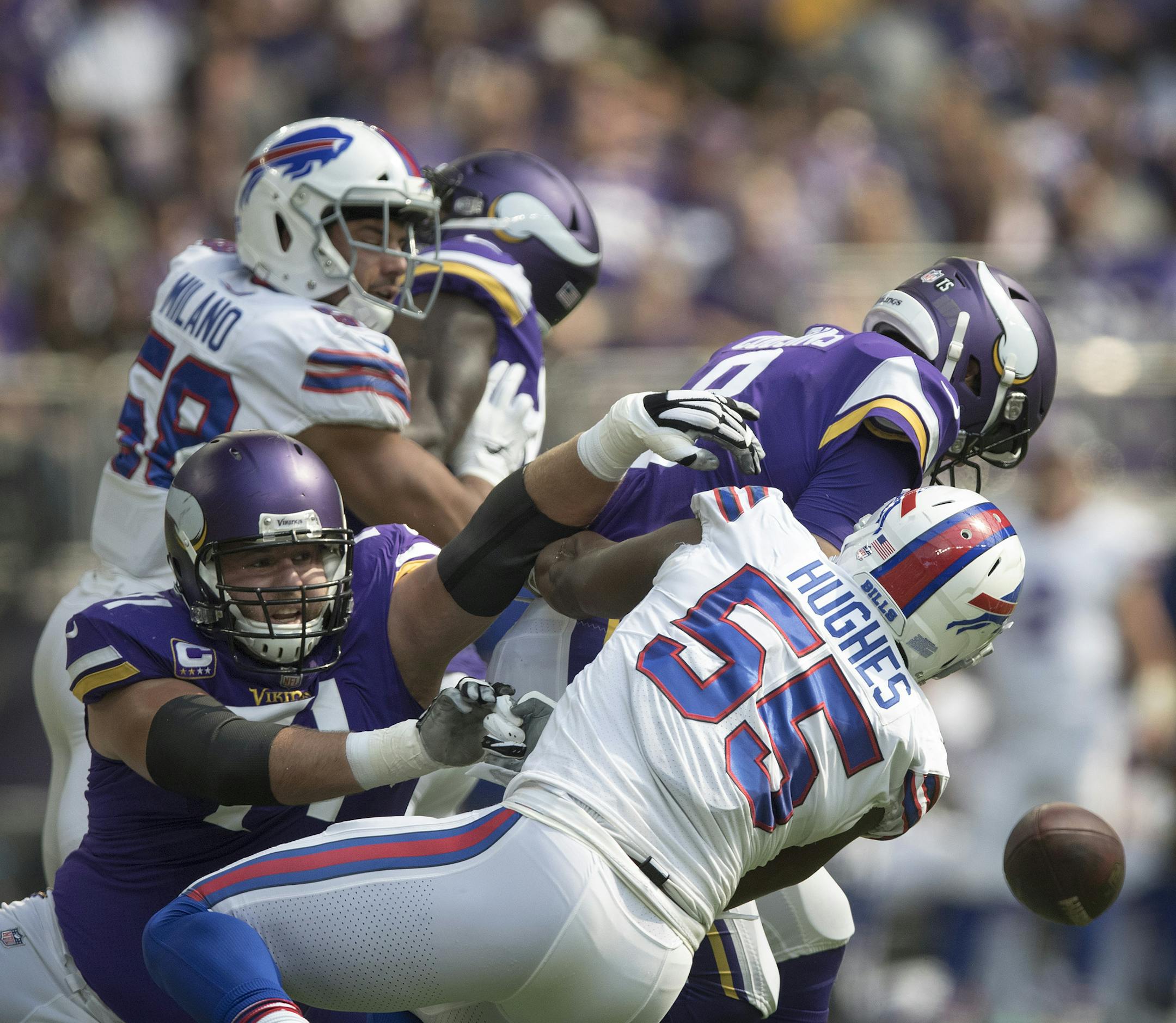 Buffalo Bills defensive end Jerry Hughes (55) sacked Minnesota Vikings quarterback Kirk Cousins (8) for a fumble recovered by the Bills in the first quarter at US Bank Stadium Sunday September 23, 2018 in Minneapolis, MN. ] JERRY HOLT ï jerry.holt@startribune.com