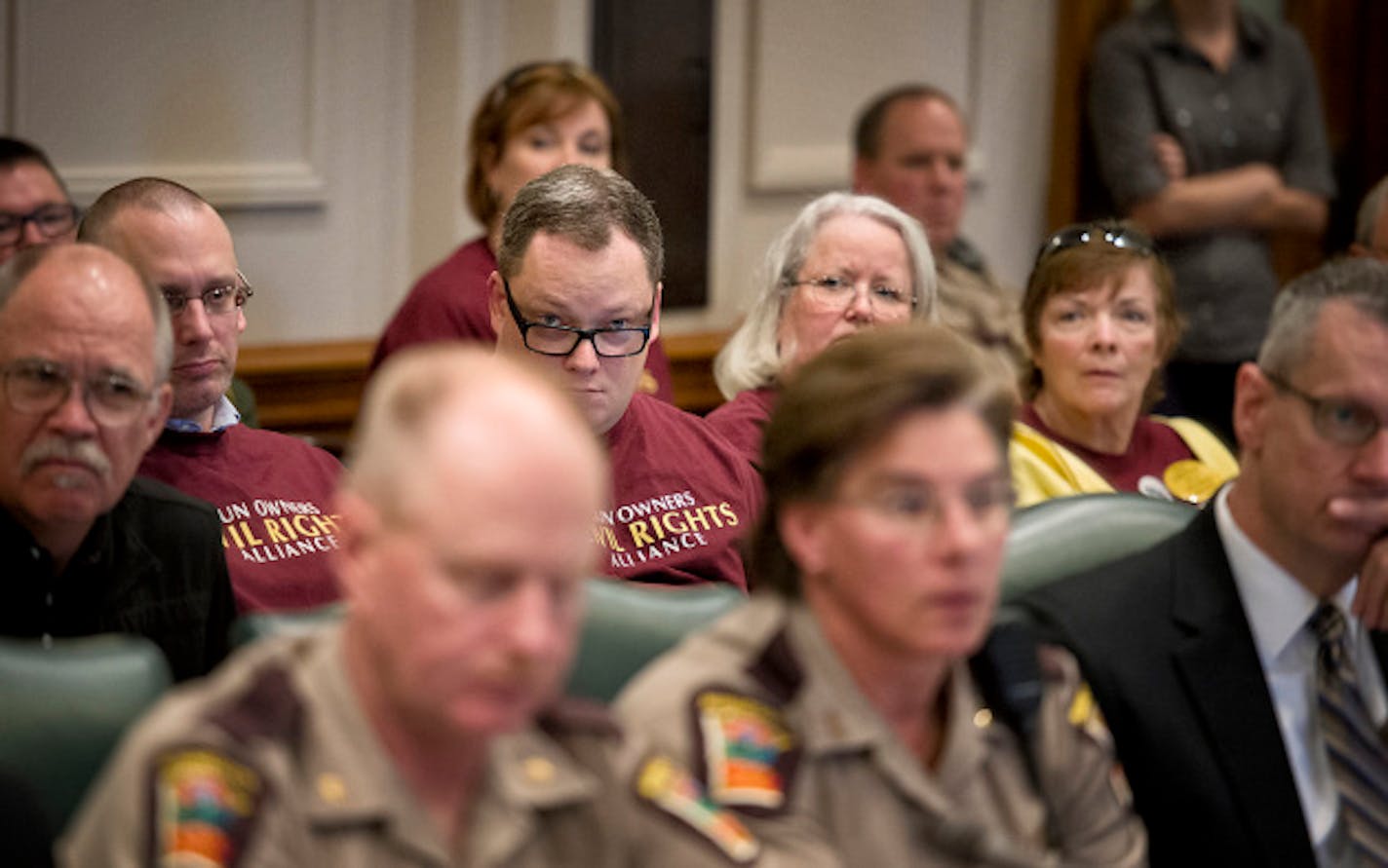 Gun rights advocates listened to testimony at the hearing.   An advisory committee on Capitol Security began with two legislators, Rep. Michael Paymar and Sen. Michelle Benson not even knowing if they would be allowed to continue as members of the committee.   Wednesday, August 14, 2013   ]   GLEN STUBBE * gstubbe@startribune.com