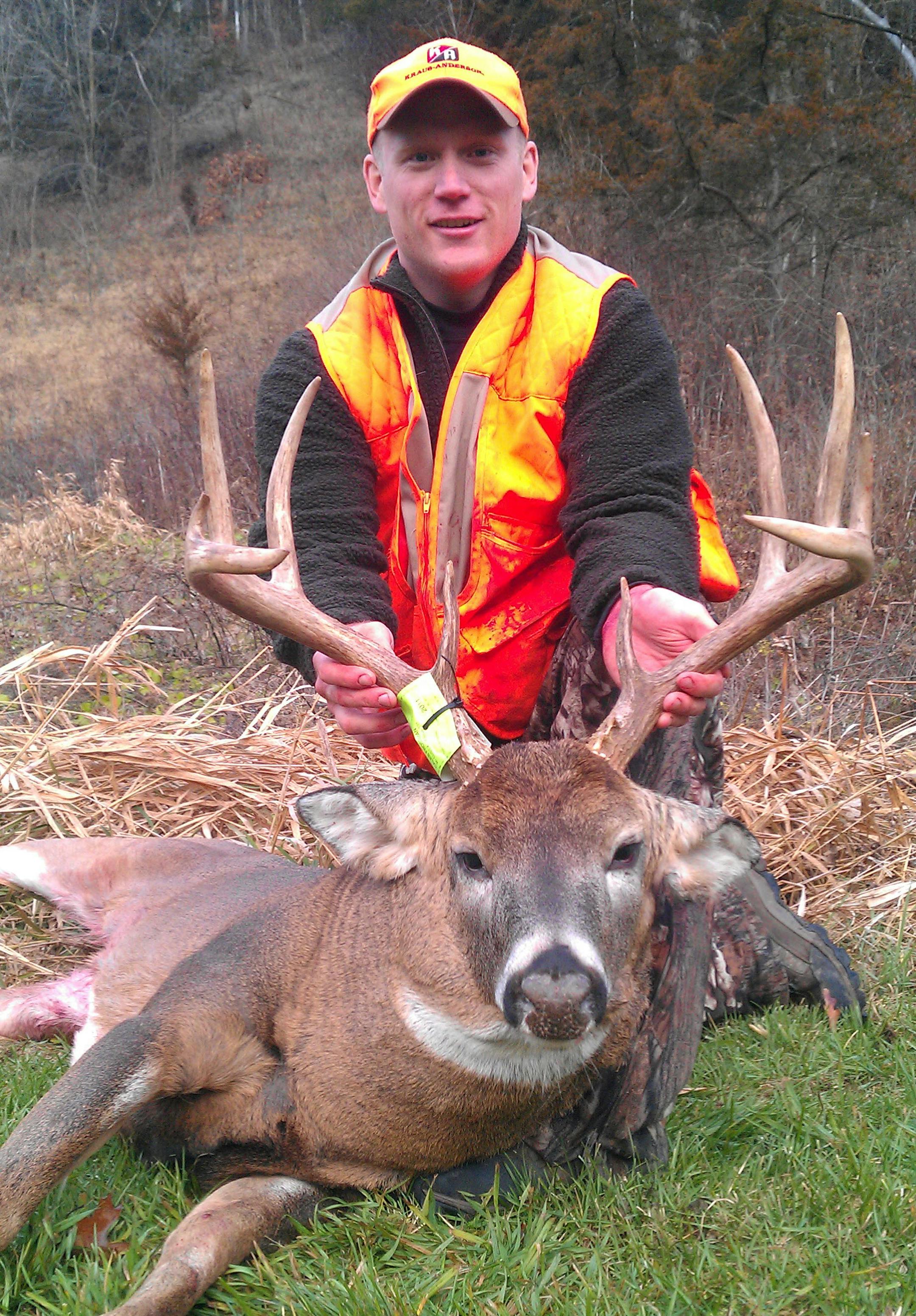 Caleb Frostman, 27, of Minneapolis, shot this 10-point trophy whitetail Sunday in Grant County, Wis. "I didn't know how big he was until I got up to him," Frostman said.