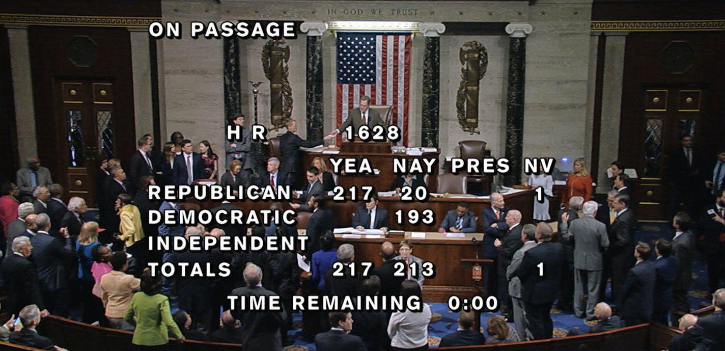 In this image provided by House Television, the final total on the vote on the Republicans health care bill is displayed at the Capitol in Washington on Thursday, May 4, 2017. Relieved Republicans muscled their health care bill through the House, taking their biggest step toward dismantling the Obama health care overhaul since Donald Trump took office. (House Television via AP) ORG XMIT: MIN2017050415041234