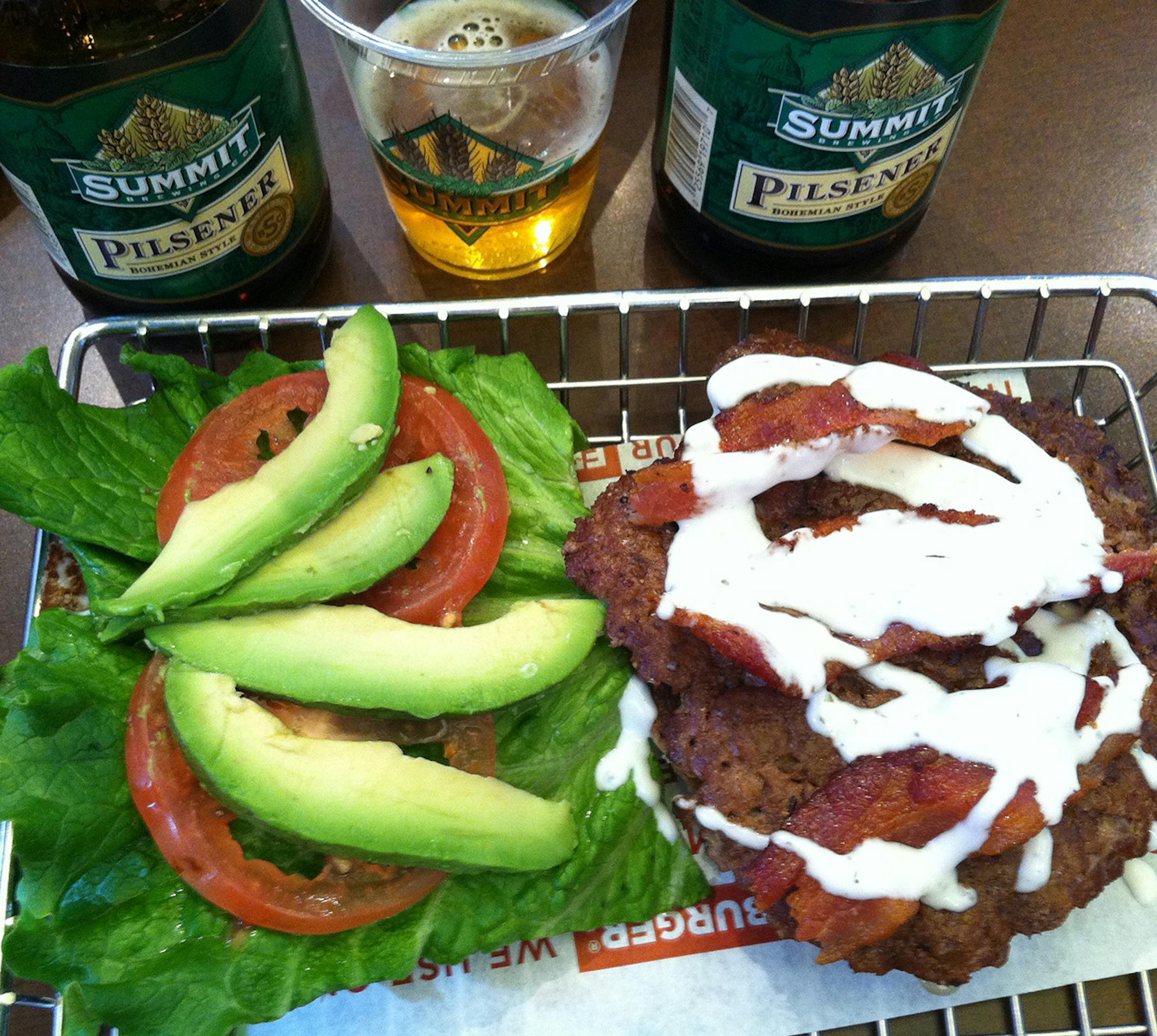 Photo by Lee Svitak Dean, Star Tribune Smashburger's Avocado Club Burger paired with a pilsener with a toasted malt and hop character that matches the smoked bacon.