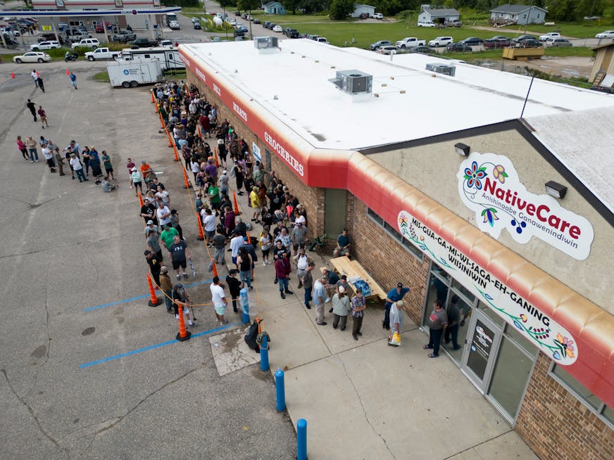 People line up to purchase recreational cannabis Tuesday, Aug. 1, 2023 outside NativeCare in Red Lake, Minn.. The Red Lake Nation opened the state's first recreational marijuana dispensary Tuesday morning. ] AARON LAVINSKY • aaron.lavinsky@startribune.com