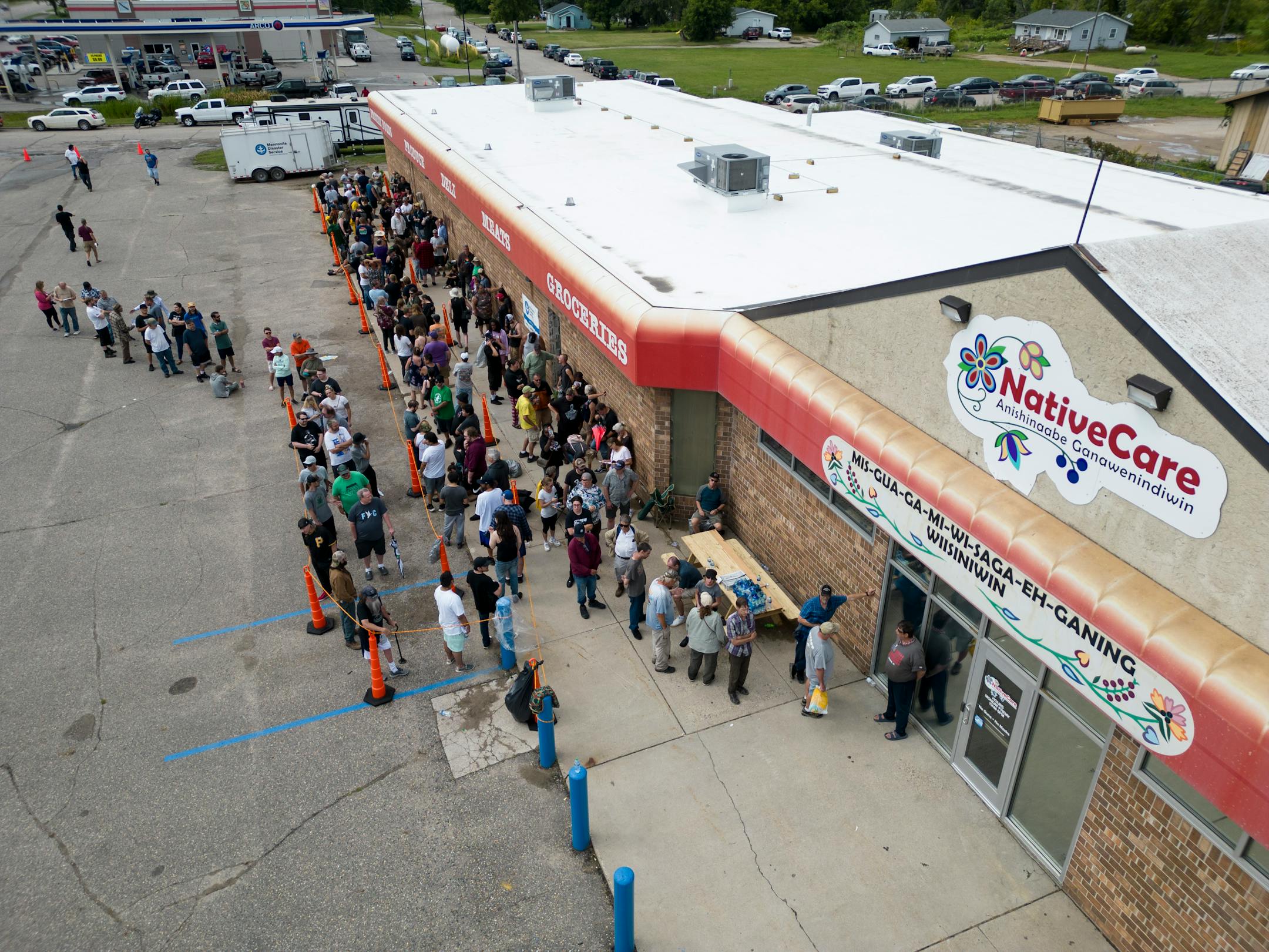 People line up to purchase recreational cannabis Tuesday, Aug. 1, 2023 outside NativeCare in Red Lake, Minn.. The Red Lake Nation opened the state's first recreational marijuana dispensary Tuesday morning. ] AARON LAVINSKY • aaron.lavinsky@startribune.com