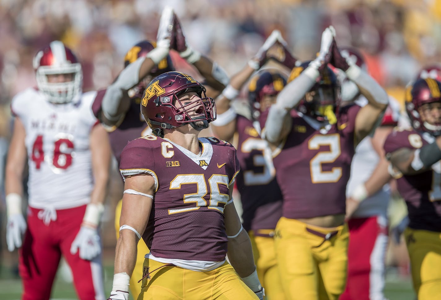 Minnesota's linebacker Blake Cashman (38) celebrated a safety in the second quarter Minnesota took on Miami (Ohio), Saturday, September 15, 2018 in Minneapolis, MN.