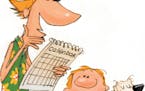 300 dpi Chris Ware color illustration of a child with his mom, in summer shirt, who is holding calendar for scheduling. Lexington Herald-Leader 2008<p