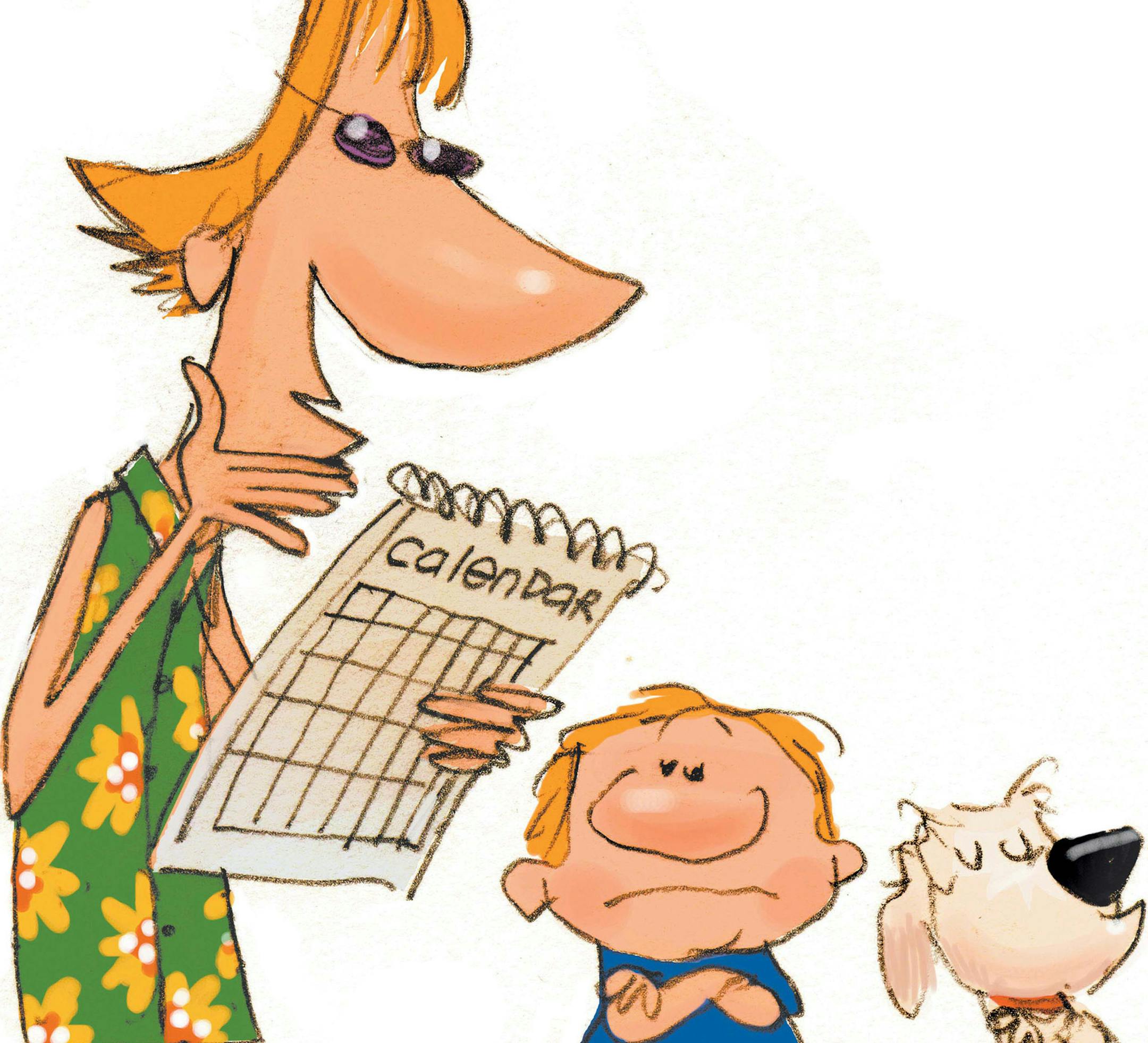 300 dpi Chris Ware color illustration of a child with his mom, in summer shirt, who is holding calendar for scheduling. Lexington Herald-Leader 2008<p> summer mom illustration calendar planning activities scheduling schedule kids camp; children child; krtfamily family; krtfeatures features; krtsocialissue social issue; parent; dog; animal; krteducation education; upbringing; krtdiversity diversity; youth; krtnational national; krtsocial social issue; krtworld world; krt; mctillustration; FEA; SO