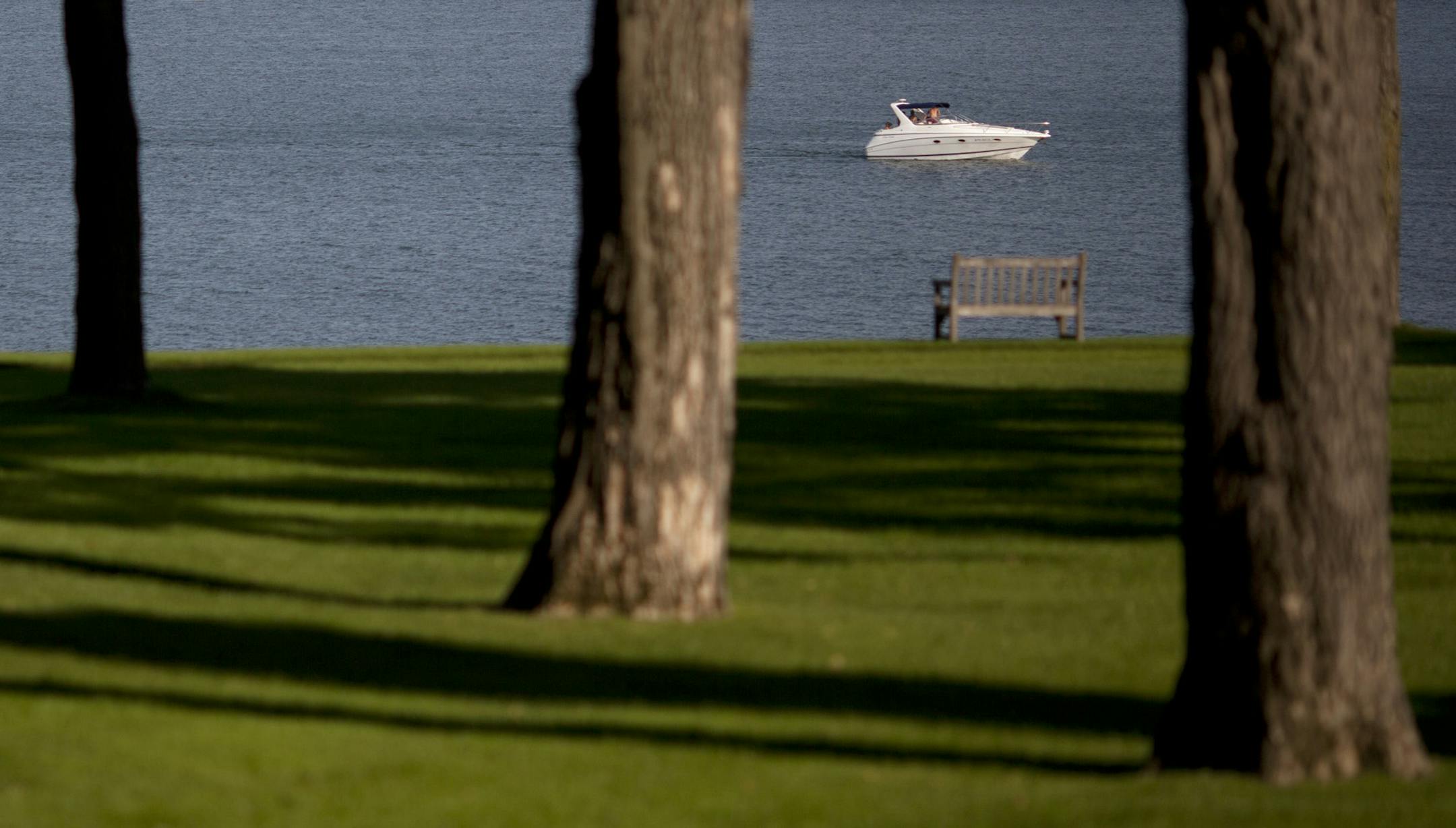 View from the yard of Ralph and Peggy Burnett's propery on Lake Minnetonka Monday afternoon, August 8, 2011. In the foreground is a large scale work by the minimalist sculptor Richard Serra. The Burnets have decided to sell the Wayzata, Minn., home they have lived in since 2004. The house on Lake Minnetonka was built in 1969 on 13 acres of land. ] JEFF WHEELER ï jeff.wheeler@startribune.com ORG XMIT: MIN2013060719015193
