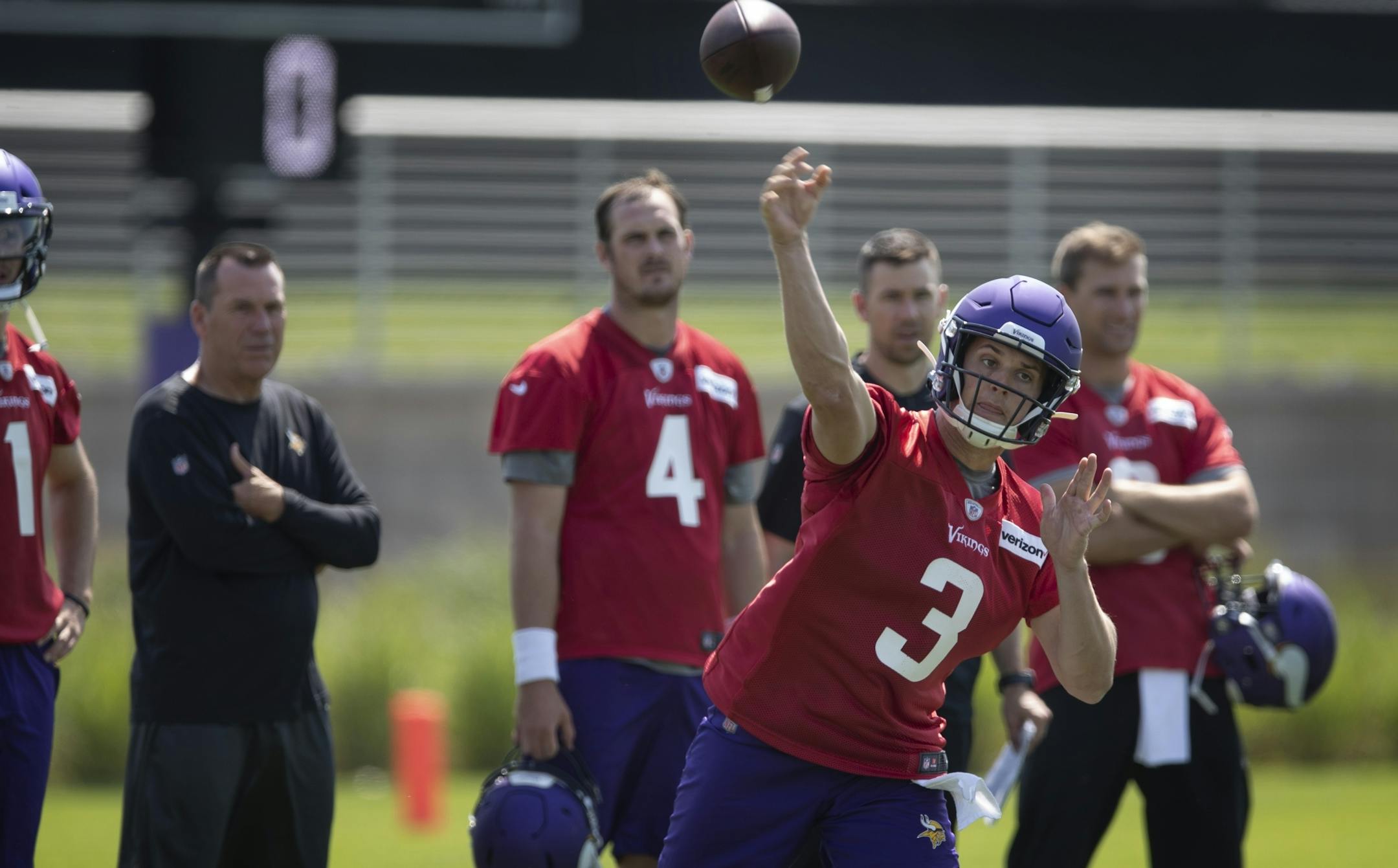 Jake Browning threw a pass during the first day of training for Vikings rookies at TCO Performance Center Tuesday July,23 2019 in Eagan, MN.