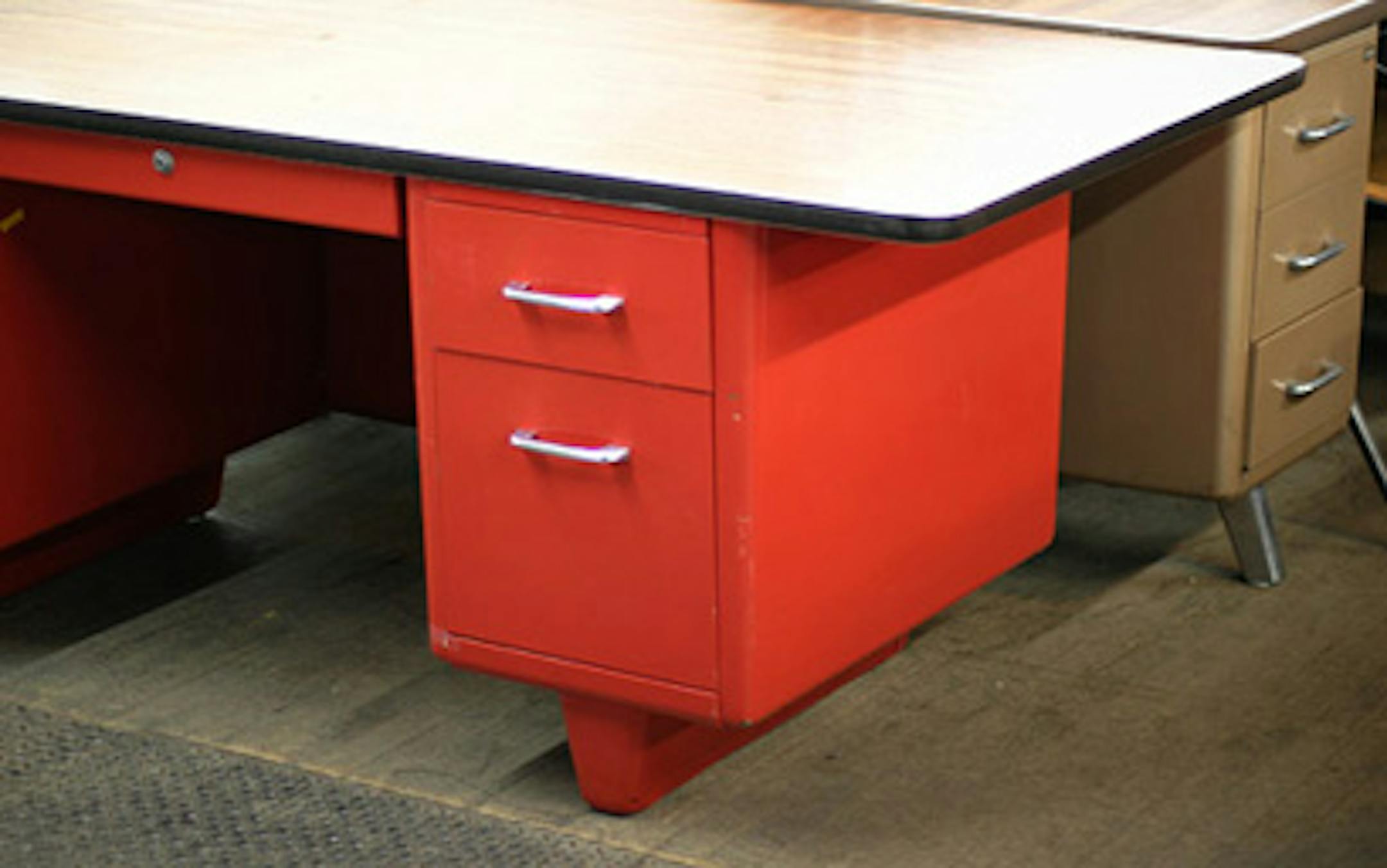 This high-end office furniture would cost $16,130 if purchased new. At Furnish, it's $4,038. The Kimball wood desk/hutch/file station is $3,600 ($14,700 new), the three Hayworth chairs are $100 each ($400 each new), the eagle bookends $79 ($140 new) and the baseball glove fan $59 ($90 new).