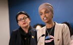 Rep. Ilhan Omar, with Rep. Rashida Tlaib at her side, spoke at a press conference at the State Capitol in St. Paul, Minn., on Monday, August 19, 2019.