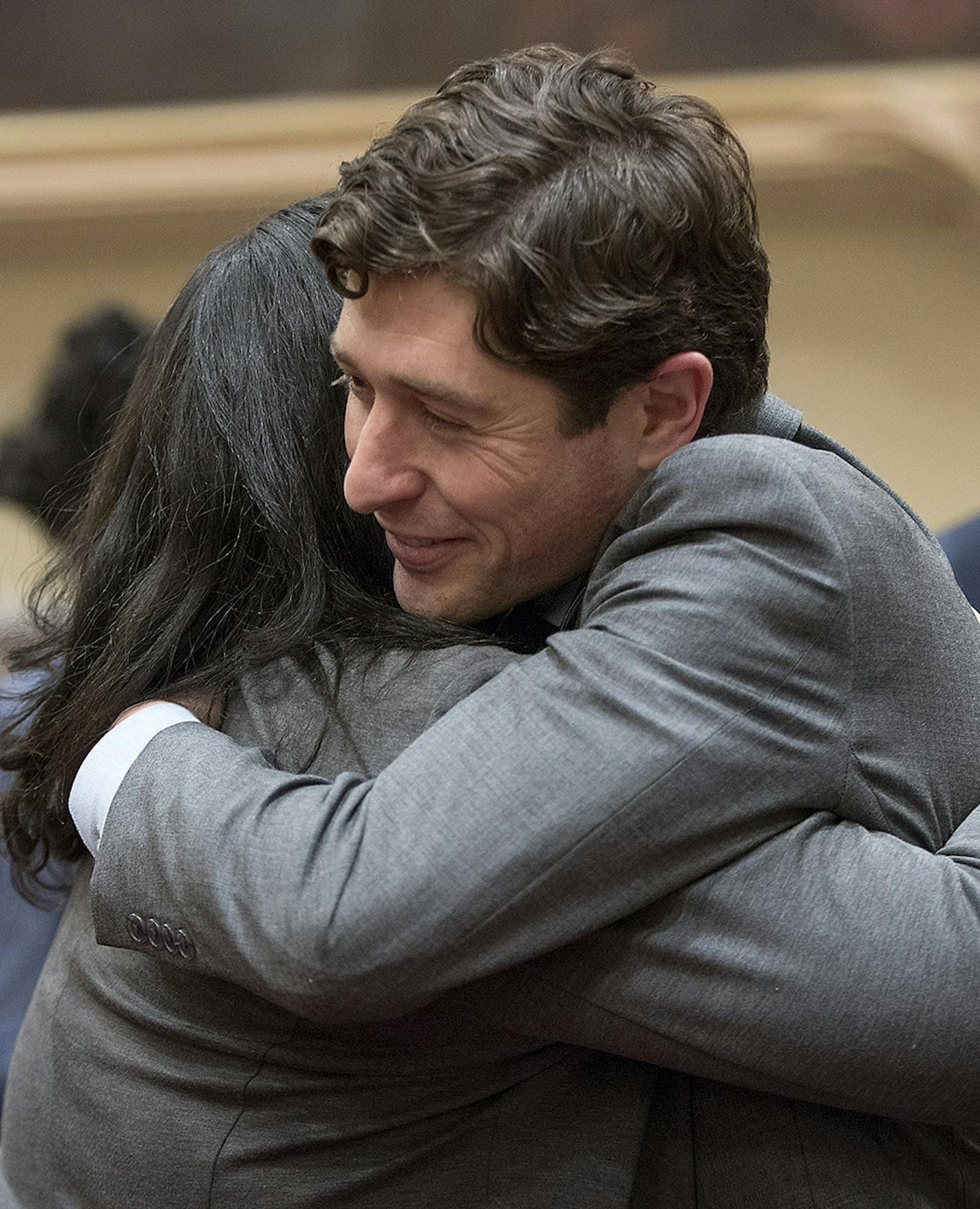 Shortly after being sworn-in as the Mayor of Minneapolis, Jacob Frey was greeted and greeted other newly sworn-in council members in the City Council Chambers, Tuesday, January 2, 2018 in Minneapolis, MN. ] ELIZABETH FLORES &#xef; liz.flores@startribune.com