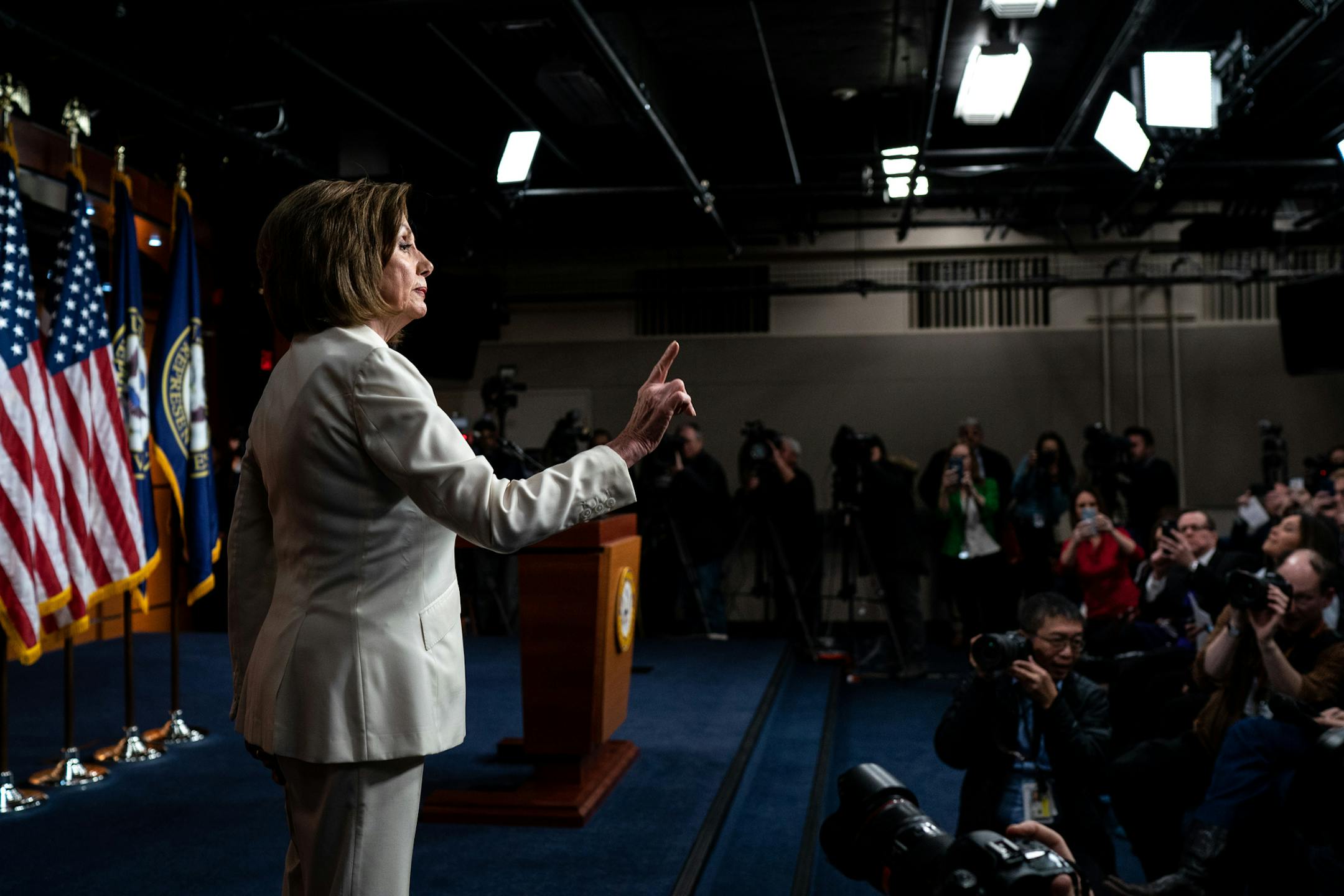 House Speaker Nancy Pelosi (D-Calif.) responds to reporter James Rosen after he asked whether she hated President Donald Trump, following a news conference at the Capitol in Washington on Thursday, Dec. 5, 2019. "I’ve thought about the word “hate” a lot. Not, as Nancy Pelosi said, in relation to being Catholic. But in relation to being a woman," writes Maureen Dowd. (Erin Schaff/The New York Times)