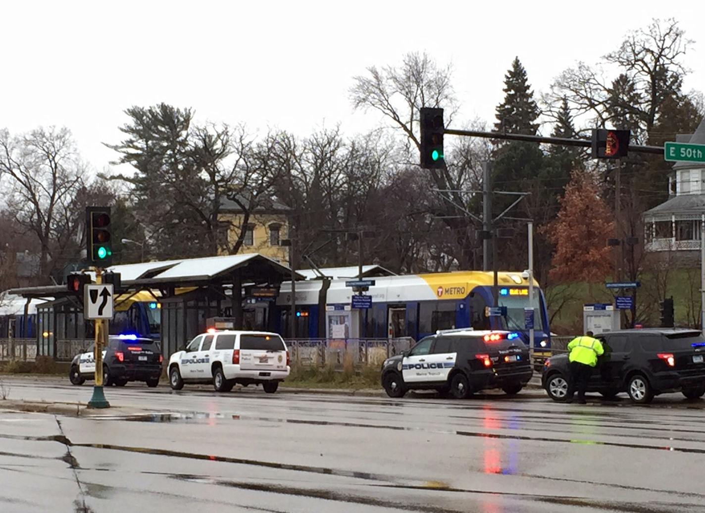 A Blue Line train is halted at the 50th Street Station after a collision with a pedestrian on Monday, Dec. 14, 2015.