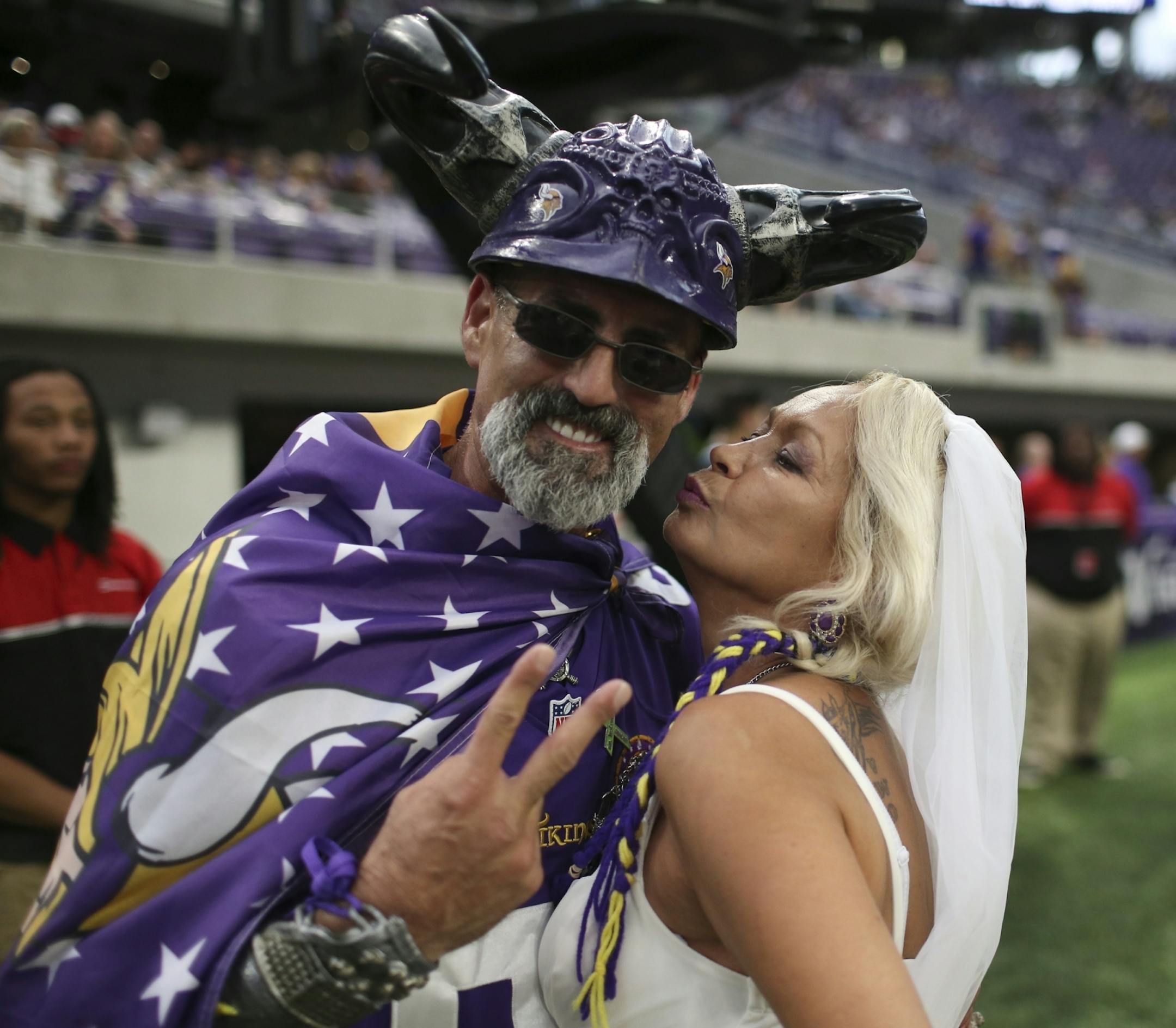 Luis and Marisa Palomino married each other in a parking lot before spending their pre-game time on the sidelines inside U.S. Bank Stadium Sunday evening. Luis has been a Vikings fan since seeing Fran Tarkenton play as a kid growing up in New Jersey. They live in Hollywood, Florida
