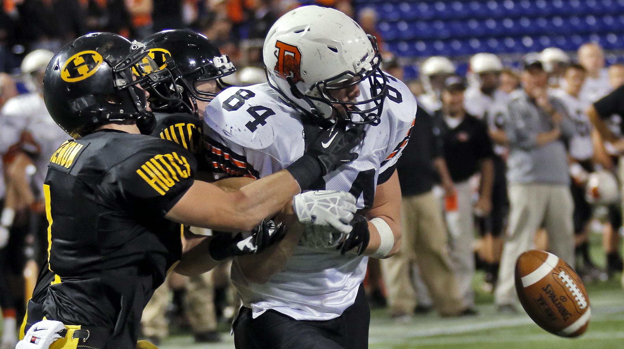 Boys Prep Football Playoffs - Class 4A - Delano Tigers vs. Hutchinson Tigers. Hutchinson defenders knocked an intended pass away from Delano receiver Damon Longstreet (84). (MARLIN LEVISON/STARTRIBUNE(mlevison@startribune.com) ORG XMIT: MIN1311141800561253