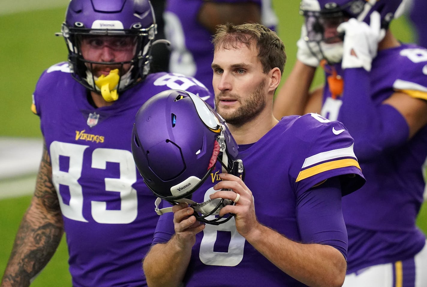 Minnesota Vikings quarterback Kirk Cousins (8) warmed up on the field ahead of Sunday's game agains the Carolina Panthers.