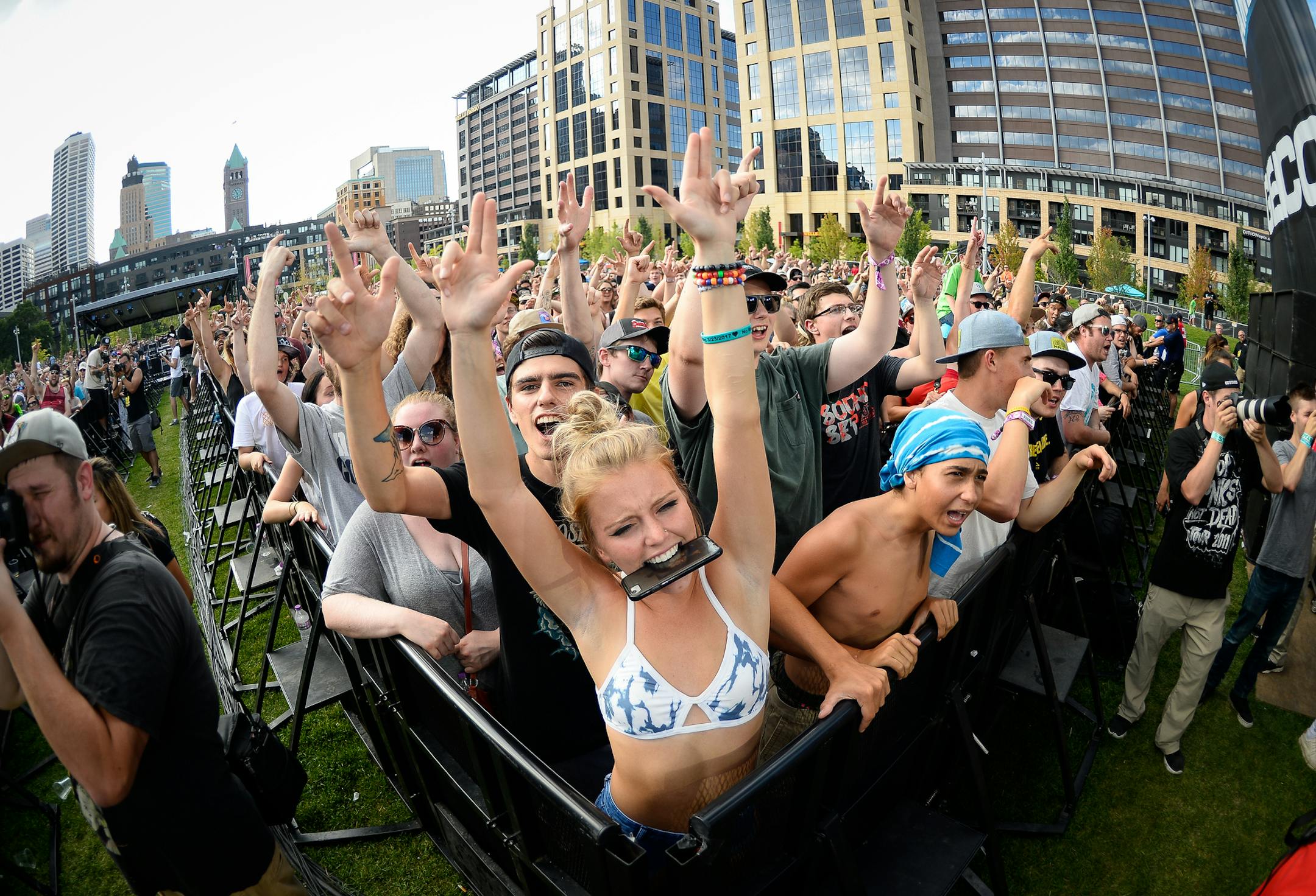 Fans put their hands in the air as Atmosphere performed at the Commons Sunday evening. ] AARON LAVINSKY &#xef; aaron.lavinsky@startribune.com The X Games were held Sunday, July 16, 2017 at US Bank Stadium in Minneapolis, Minn.