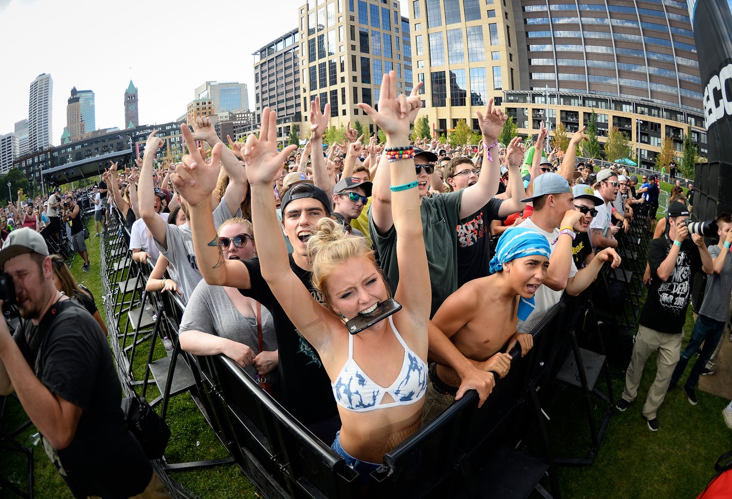 Fans put their hands in the air as Atmosphere performed at the Commons Sunday evening. ] AARON LAVINSKY &#xef; aaron.lavinsky@startribune.com The X Games were held Sunday, July 16, 2017 at US Bank Stadium in Minneapolis, Minn.