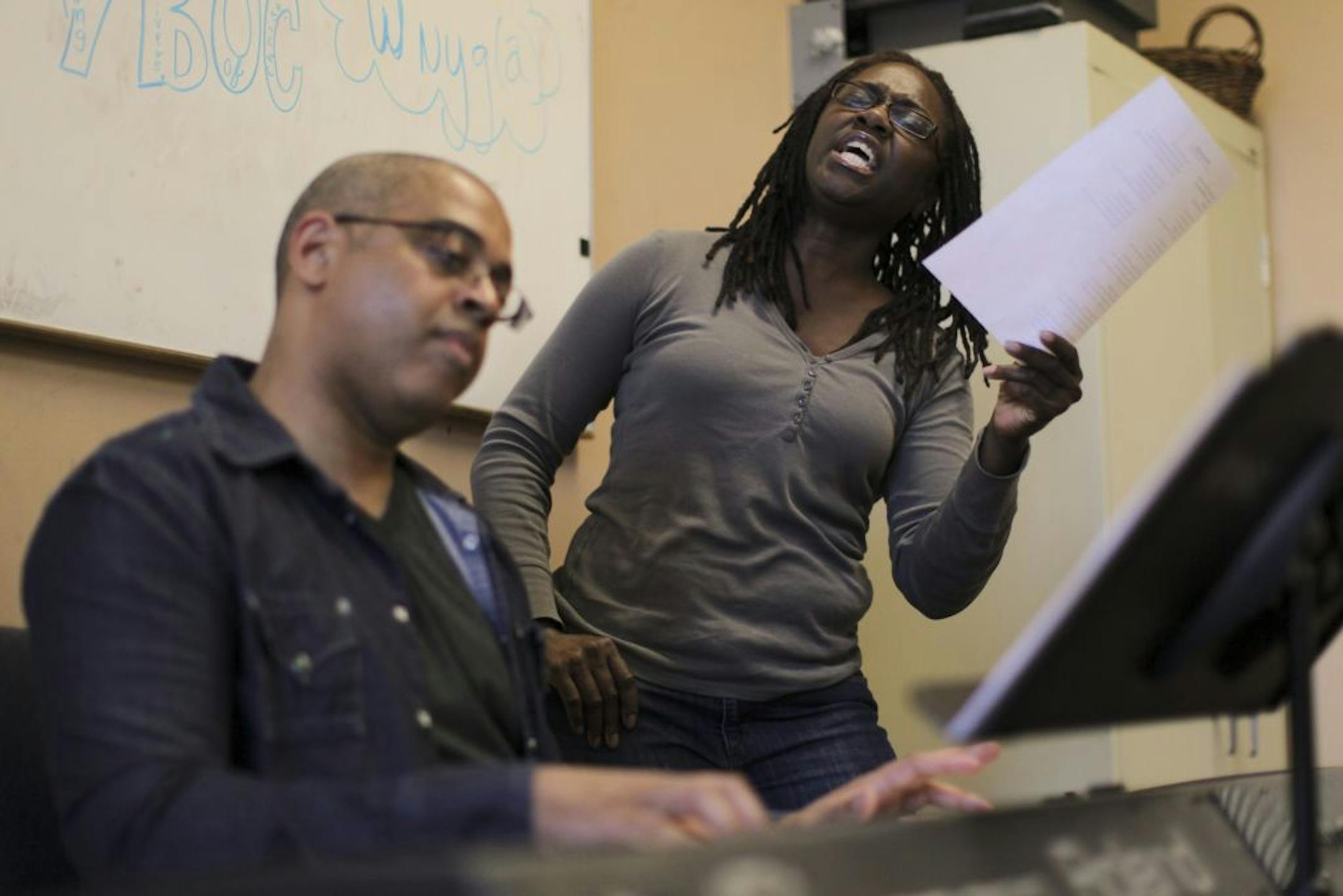 Tonia Hughes and Sanford Moore worked through a song at their first rehearsal of "Come on Children, Let's Sing!" Tuesday afternoon, October, 11, 2011, at Fellowship Missionary Baptist Church in Minneapolis. The show, a musical based on gospel singer Mahalia Jackson's life, starring Jearlyn Steele and Tonia Hughes, follow's Penumbra Theater's successful tribute to Nat King Cole. Sanford Moore is the show's musical director; Hughes plays Mahalia Jackson during the period of her life from 1927-50.