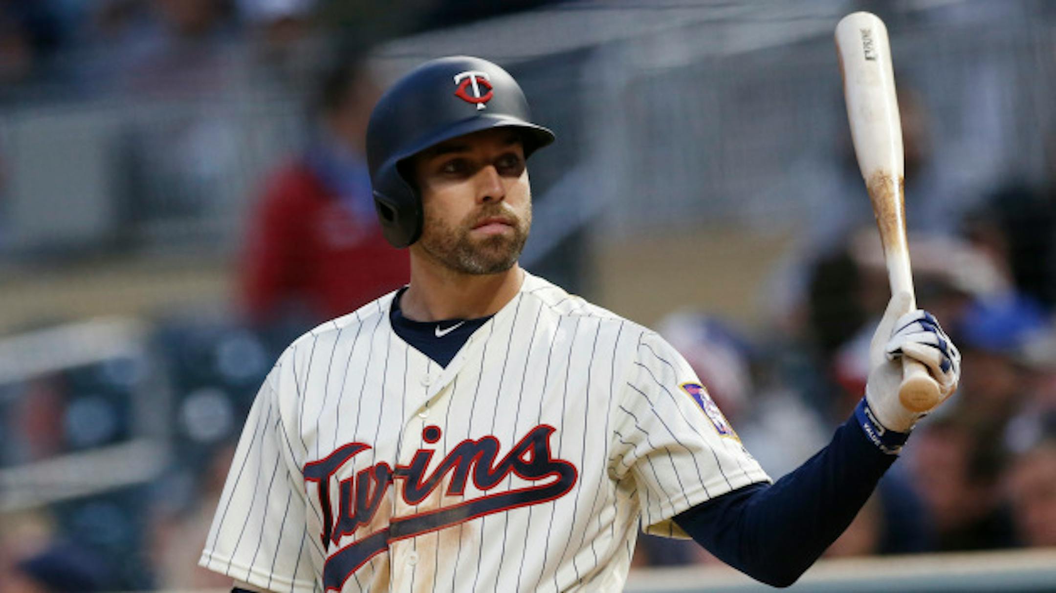 Minnesota Twins' Jake Cave, making his major league debut, waits on deck in a baseball game against the Milwaukee Brewers Saturday, May 19, 2018, in Minneapolis. (AP Photo/Jim Mone) ORG XMIT: MNJM10