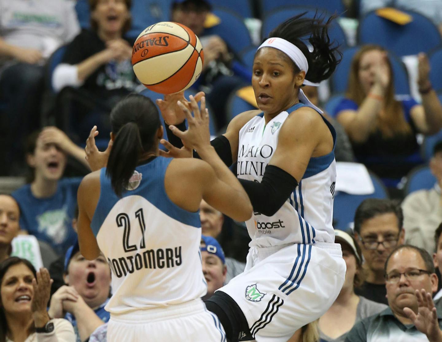 Lynx Maya Moore saved a ball from going out of ball from going out of bounds after making a block during the first half