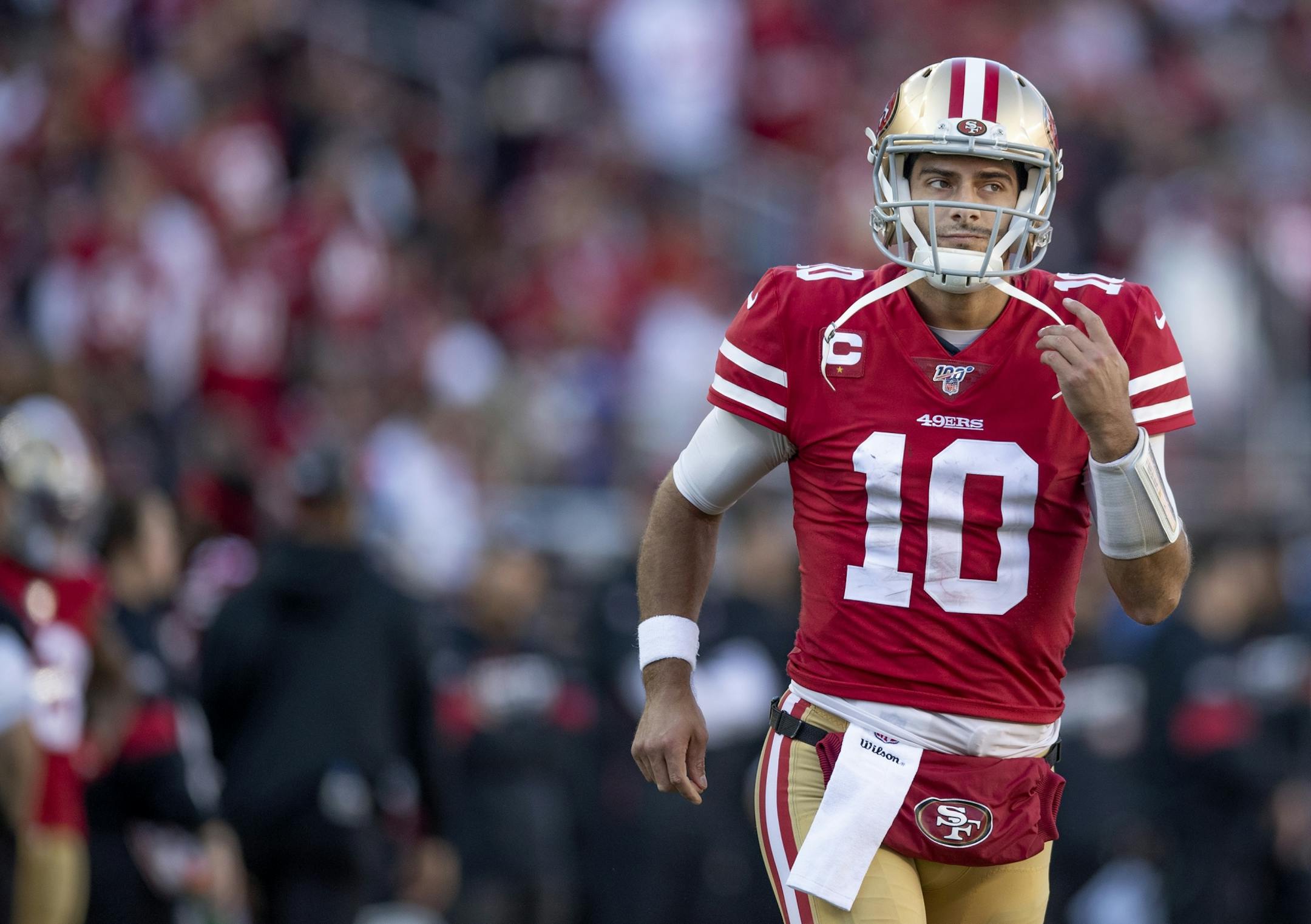 San Francisco 49ers quarterback Jimmy Garoppolo made his way onto the field after a Vikings turnover during the second quarter.