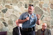 Minneapolis police chief Brian O'Hara speaks to a crowd during a law enforcement community dialogue Tuesday, May 23, 2023, at New Salem Baptist Church
