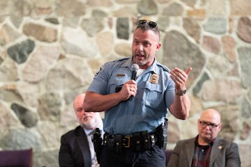 Minneapolis police chief Brian O'Hara speaks to a crowd during a law enforcement community dialogue Tuesday, May 23, 2023, at New Salem Baptist Church