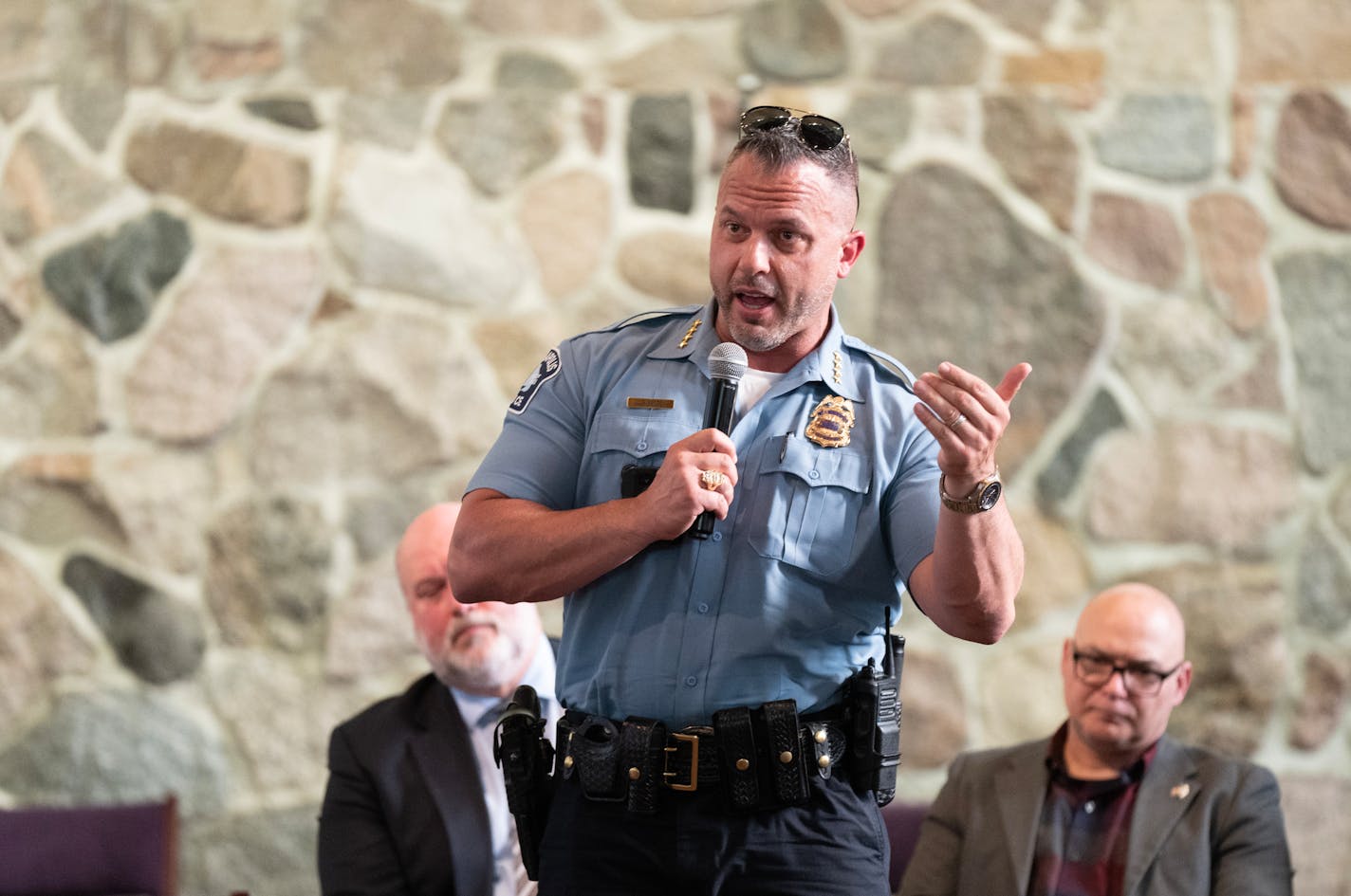 Minneapolis police chief Brian O'Hara speaks to a crowd during a law enforcement community dialogue Tuesday, May 23, 2023, at New Salem Baptist Church in Robbinsdale, Minn. ]