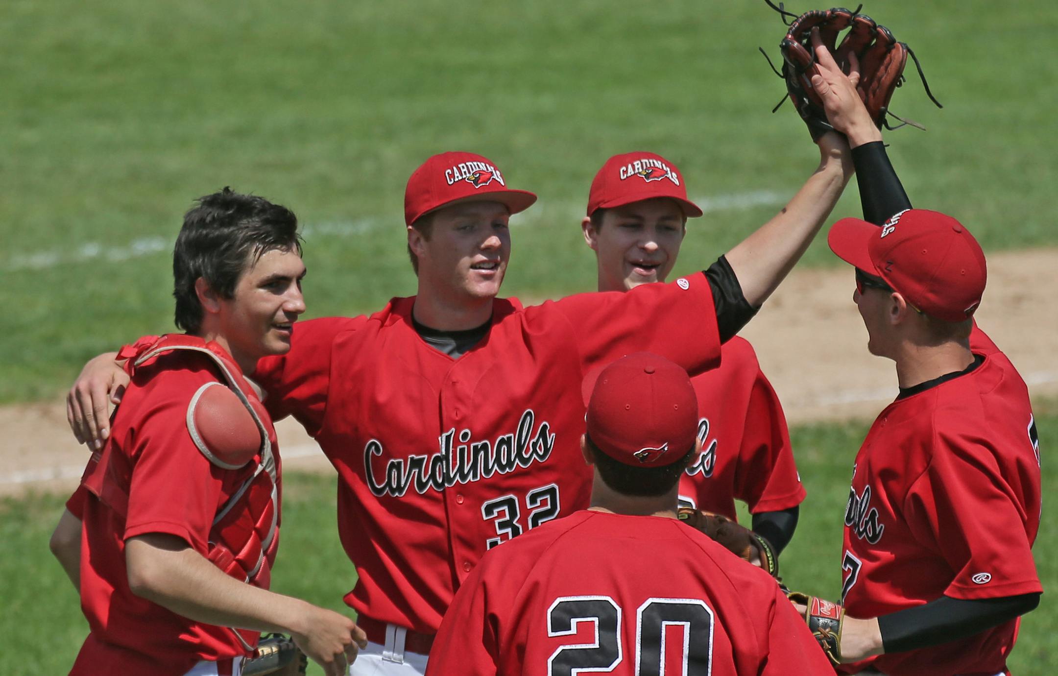 Boys Baseball Tournament, Midway Stadium, St. Paul, 6/13/13. Coon Rapids vs. Wayzata. (center) Coon Rapids pitcher Logan Shore celebrated his no hitter against Wayzata.] Bruce Bisping/Star Tribune bbisping@startribune.com Logan Shore/roster. ORG XMIT: MIN1306131154446577