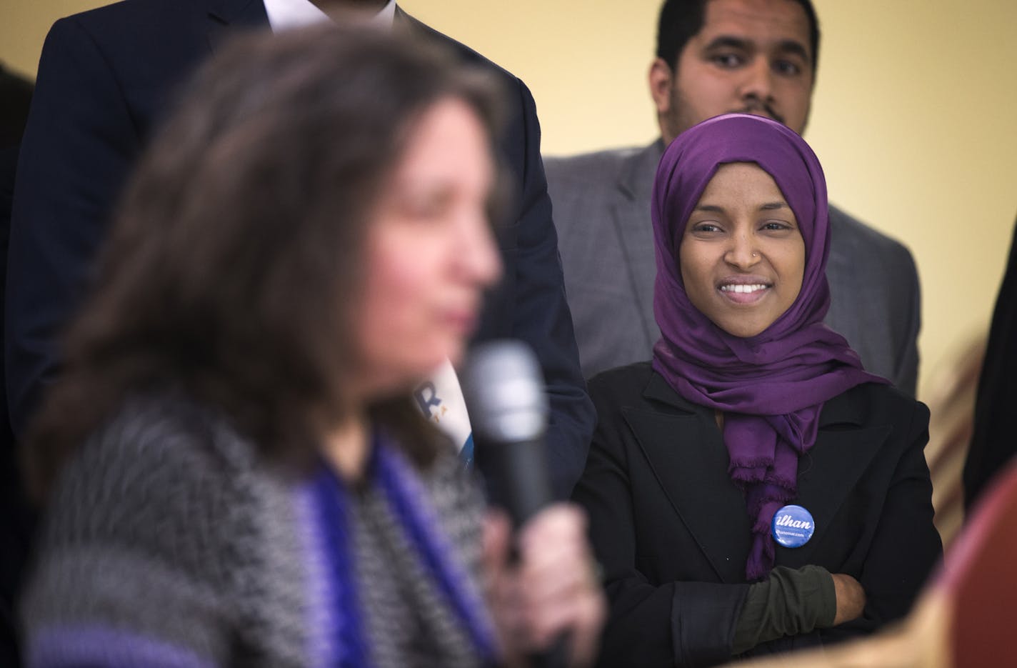 Ilhan Omar, who is running for state representative, looks on at a news conference Tuesday to address the alleged profiling of Muslims by the TSA at Minneapolis-St. Paul International Airport.