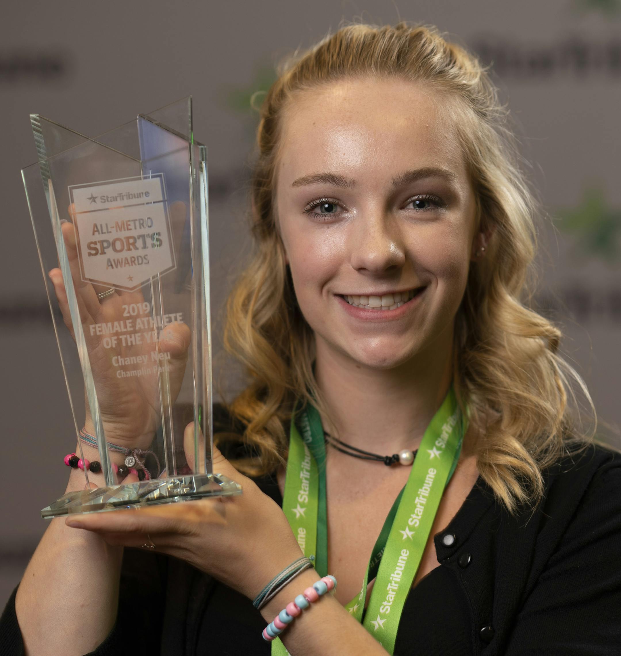 The 2019 Female Athlete of the Year was Chaney Neu, a gymnast from Champlin Park High School. ] JEFF WHEELER &#x2022; jeff.wheeler@startribune.com The second annual Star Tribune All-Metro Sports Awards were announced Tuesday night, June 25, 2019 at a banquet at U.S. Bank Stadium.