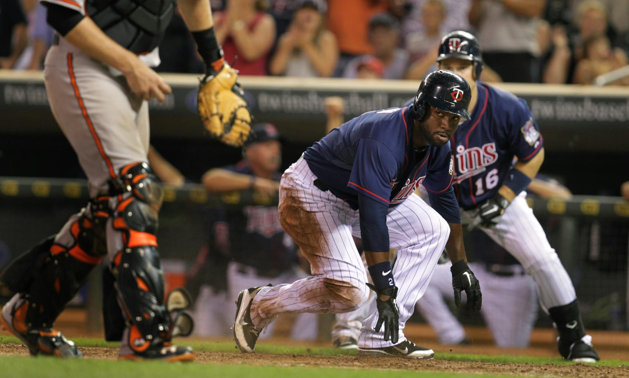 Denard Span is safe in the seventh inning on a single by Joe Mauer at Target Field TuesdayJuly 17, 2012 In Minneapolis ,MN .
