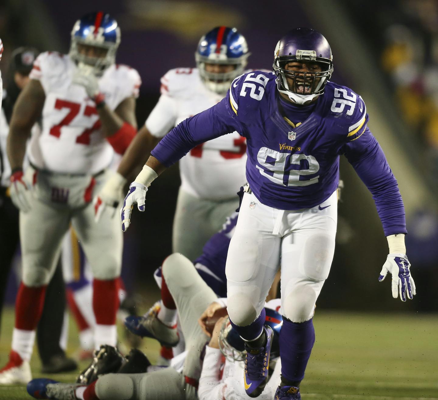 Vikings defensive tackle Tom Johnson (92) celebrated his sack of Giants quarterback Eli Manning (10) for an eight yard loss by in the second quarter Sunday night. The Giants' Ereck Flowers was penalized on the play for unnecessary roughness on the play. ] JEFF WHEELER &#xef; jeff.wheeler@startribune.com The Minnesota Vikings faced the New York Giants in an NFL football game Sunday night, December 27, 2015 at TCF Bank Stadium in Minneapolis.