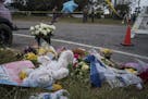A makeshift memorial on the road leading to the First Baptist Church of Sutherland Springs in Texas, Nov. 7, 2017. A single gunman killed 26 people an