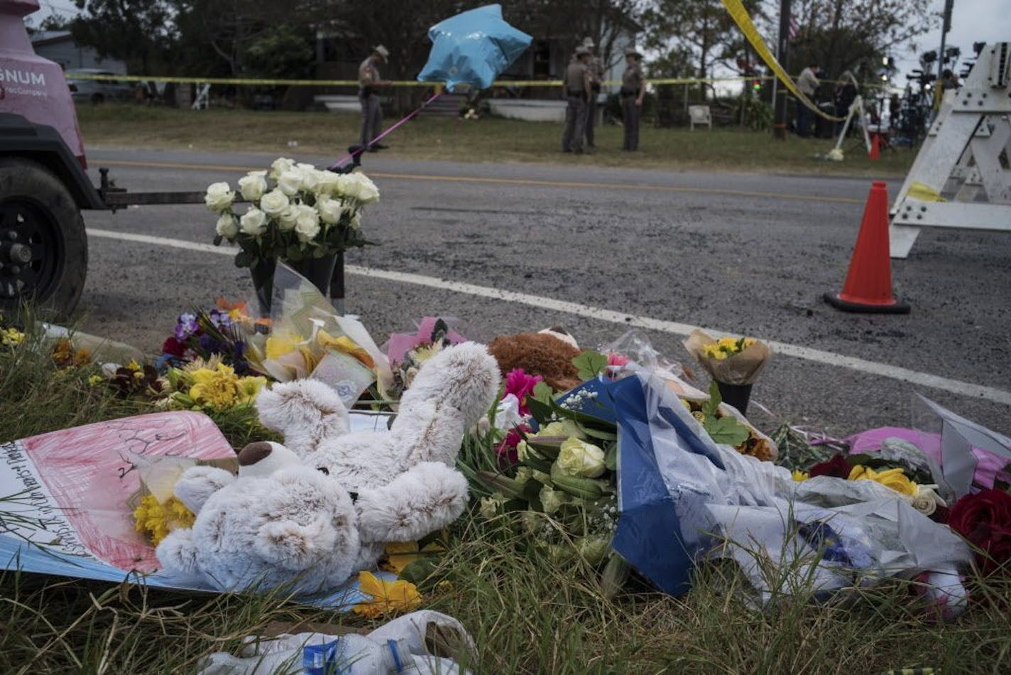 A makeshift memorial on the road leading to the First Baptist Church of Sutherland Springs in Texas, Nov. 7, 2017. A single gunman killed 26 people and injured at least 20 more at the small-town church on Sunday.