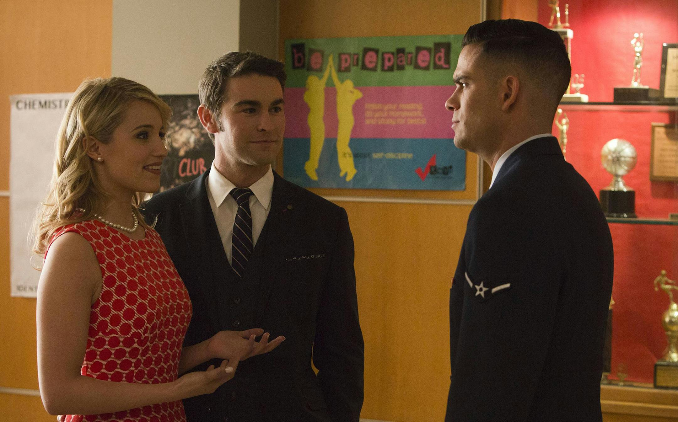 GLEE: Quinn (guest star Diana Agron, L) introduces her boyfriend Biff (guest star Chase Crawford, C) to Puck (guest star Mark Salling, R) in the 100th episode of GLEE airing Tuesday, March 18 (8:00-9:00 PM ET/PT) on FOX. 2014 Fox Broadcasting Co. CR: Adam Rose/Fox