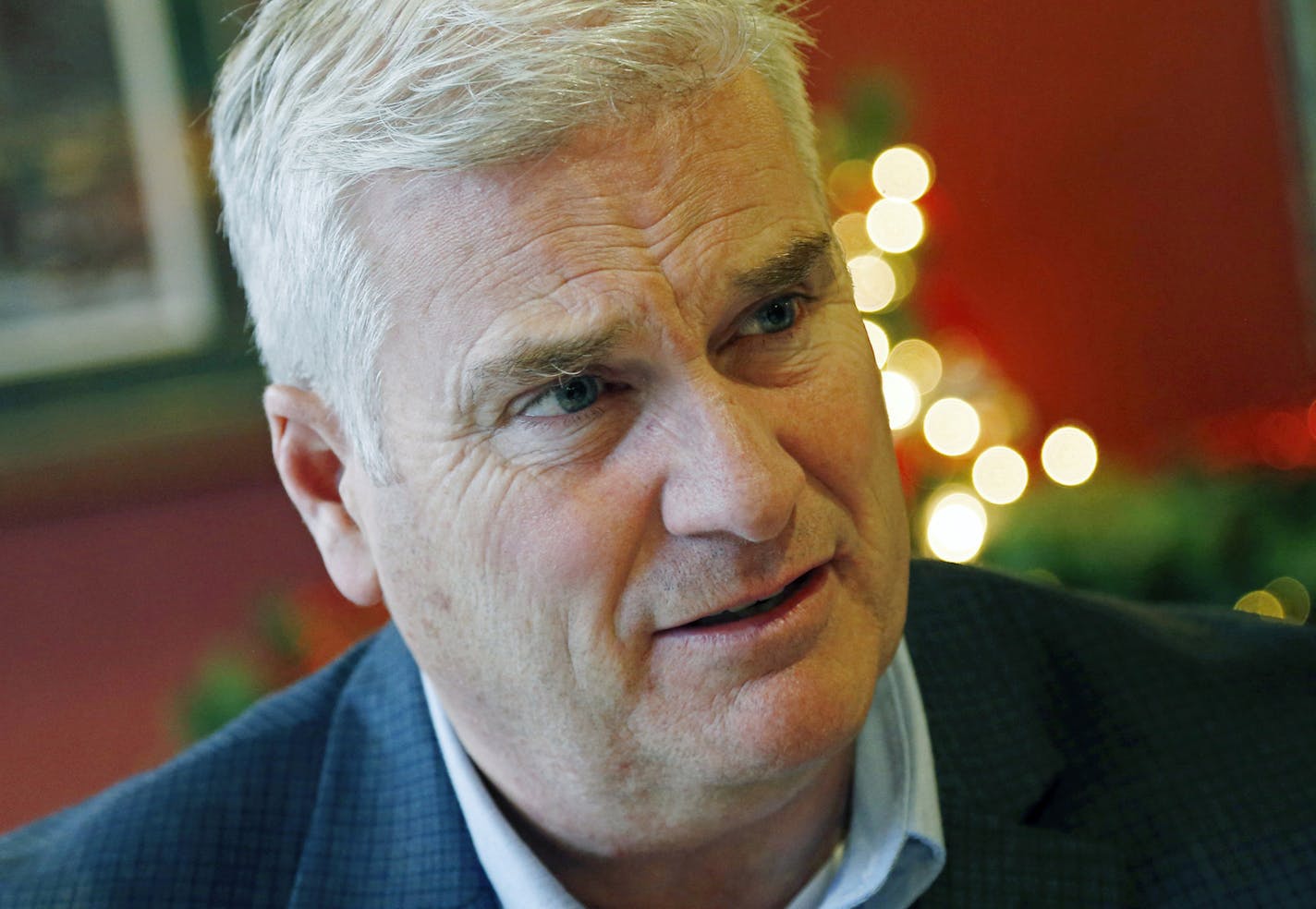 In this Dec. 22, 2015, photo, Rep. Tom Emmer, R-Minn., is interviewed in St. Paul, Minn. Emmer, who has a year under his belt as a Minnesota congressman, has held 14 town halls in all corners of the sprawling 6th District. (AP Photo/Jim Mone) ORG XMIT: MP202